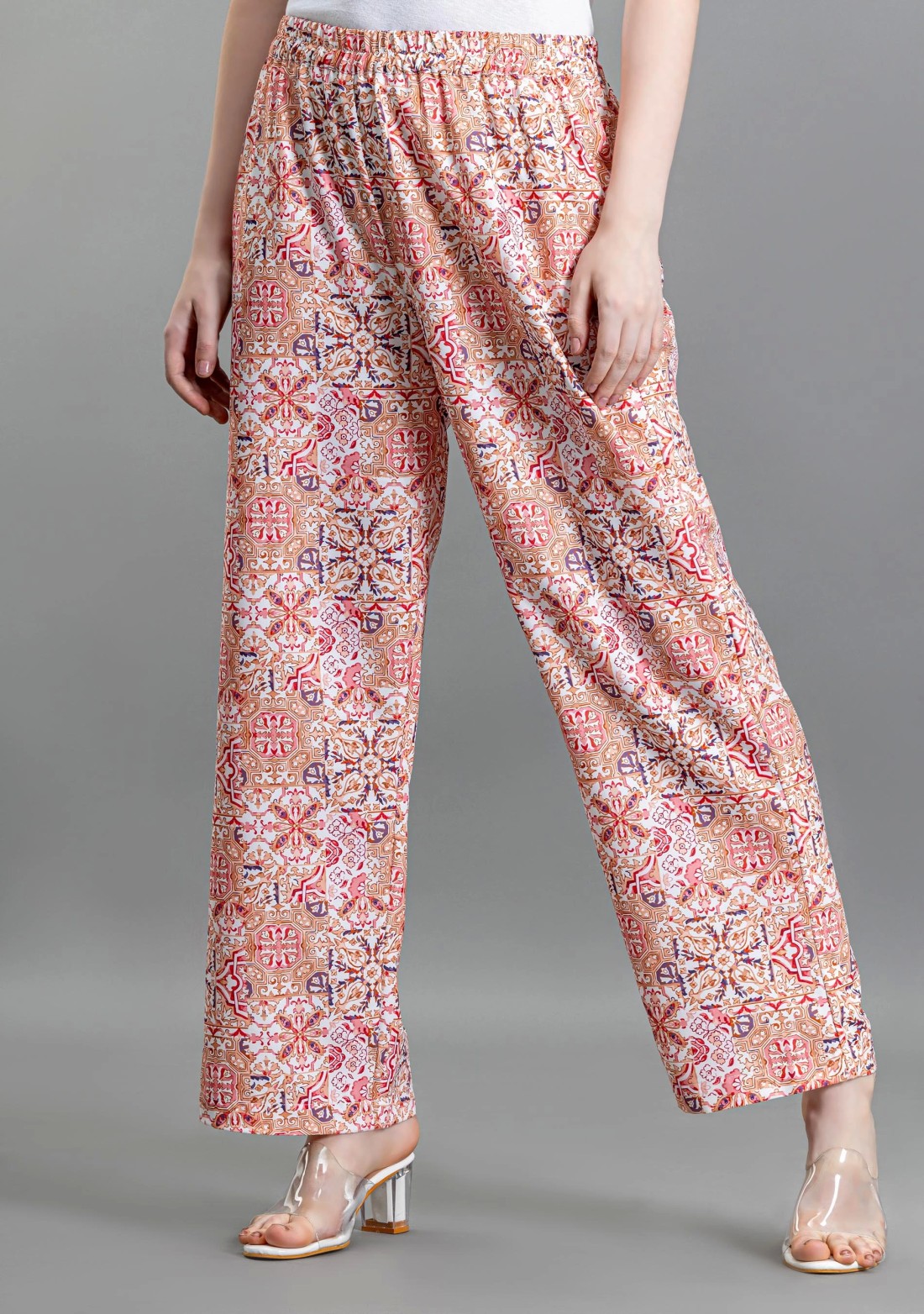 Coral Ethnic Print Palazzo Pants