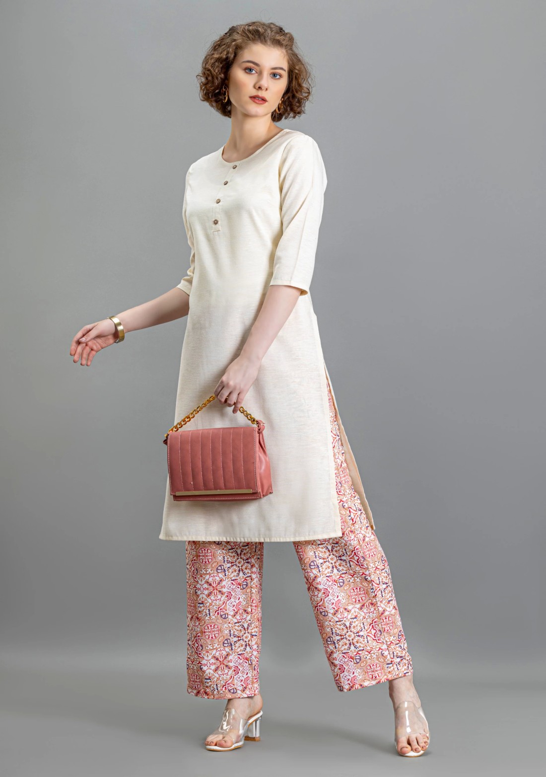 Coral Ethnic Print Palazzo Pants