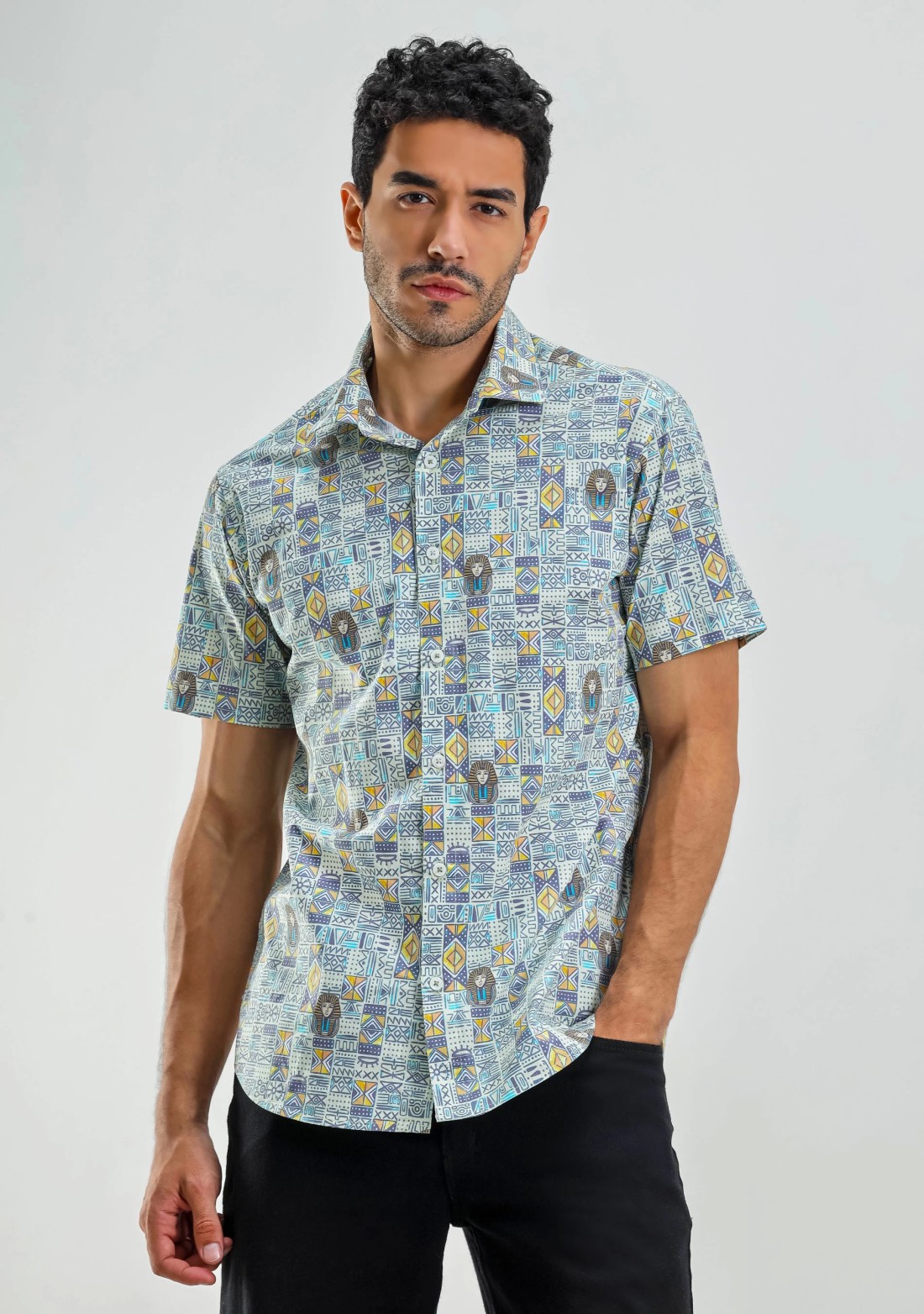 Egyptian Print Slim Fit Men's Half Sleeves Shirt