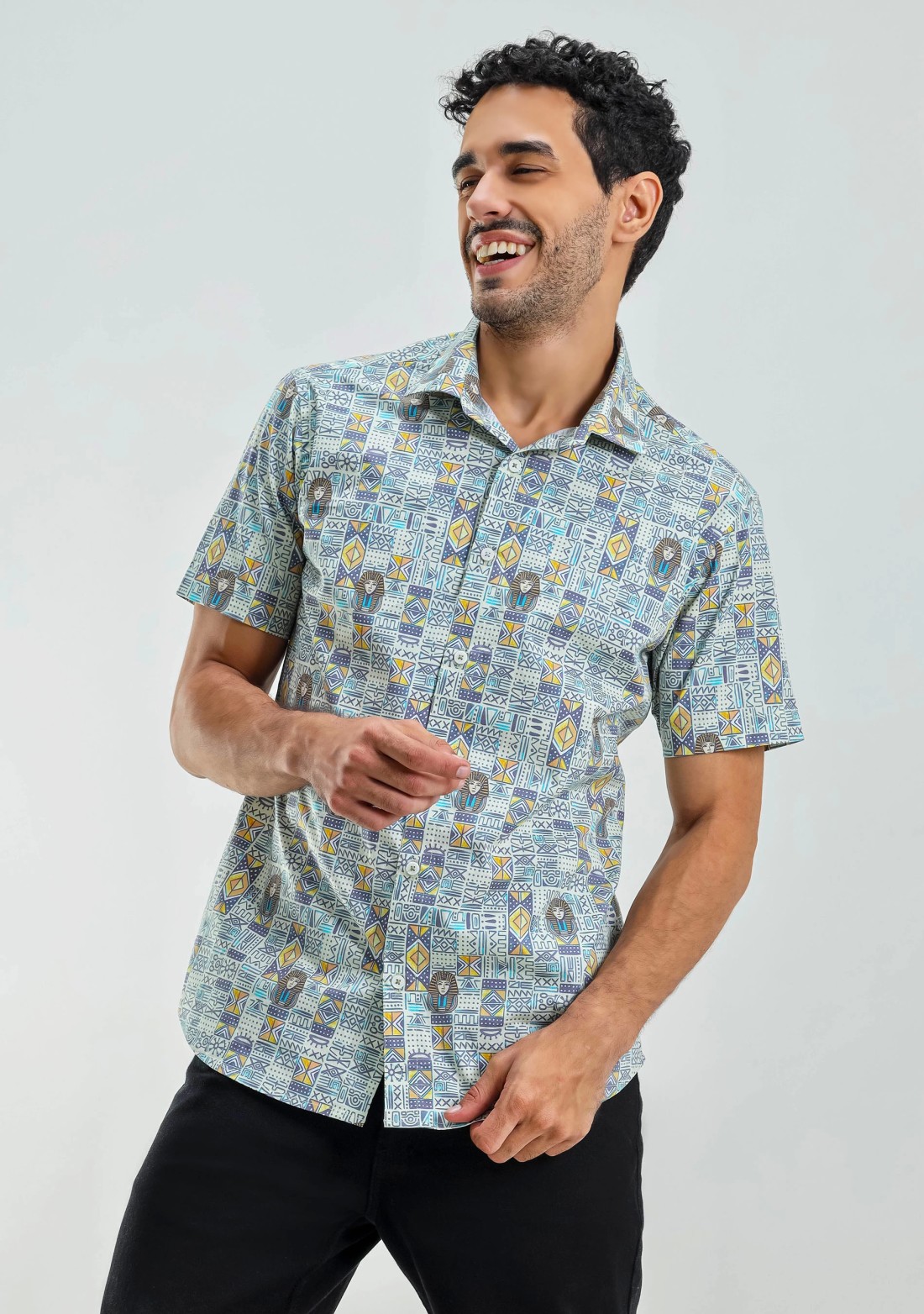 Egyptian Print Slim Fit Men's Half Sleeves Shirt