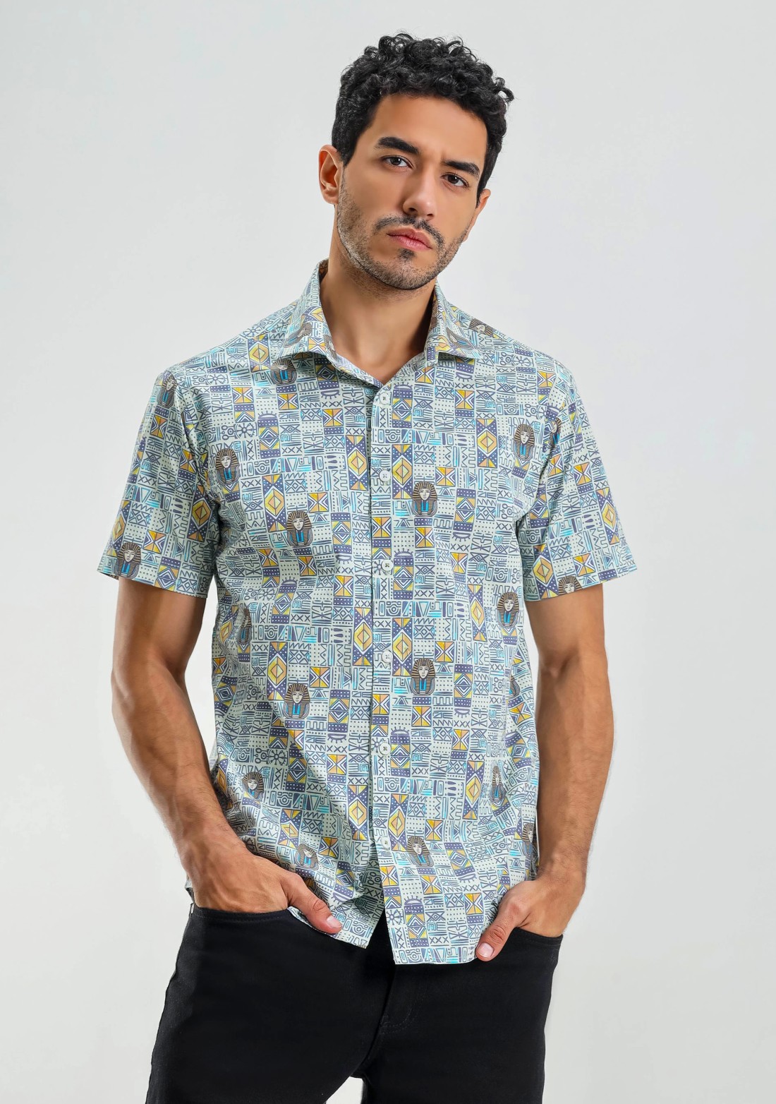 Egyptian Print Slim Fit Men's Half Sleeves Shirt