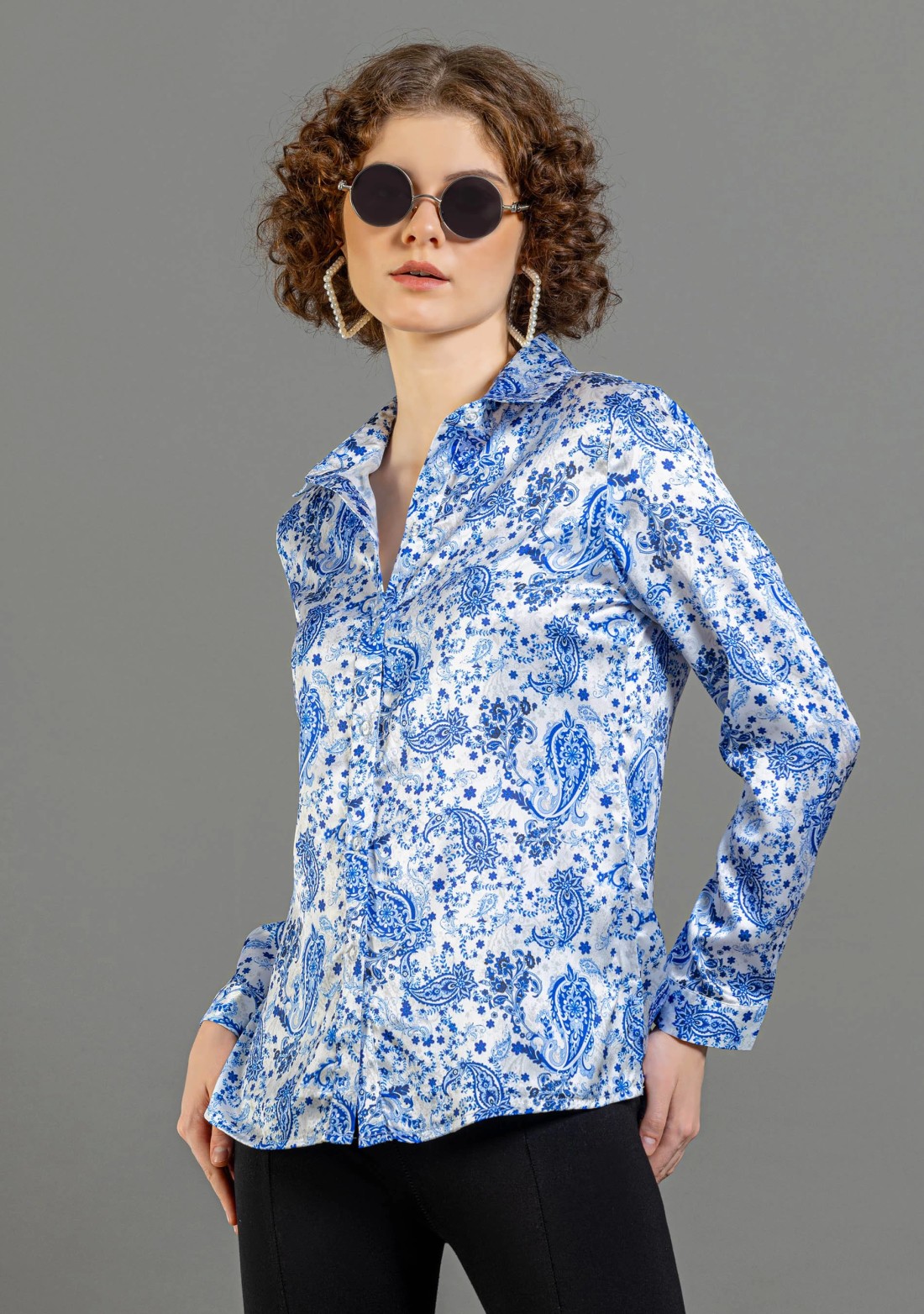 White and Blue Paisley Print Satin Shirt