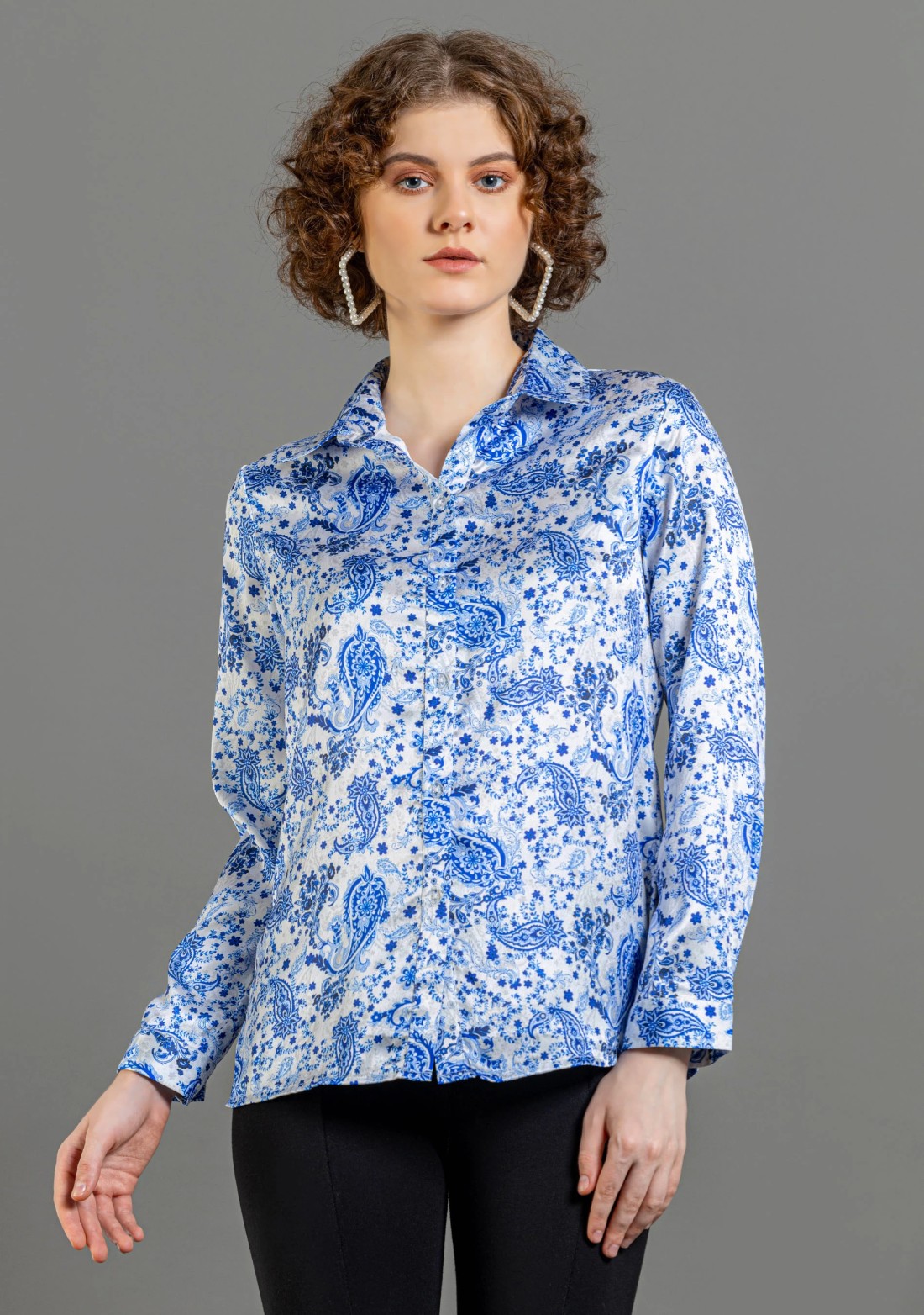 White and Blue Paisley Print Satin Shirt