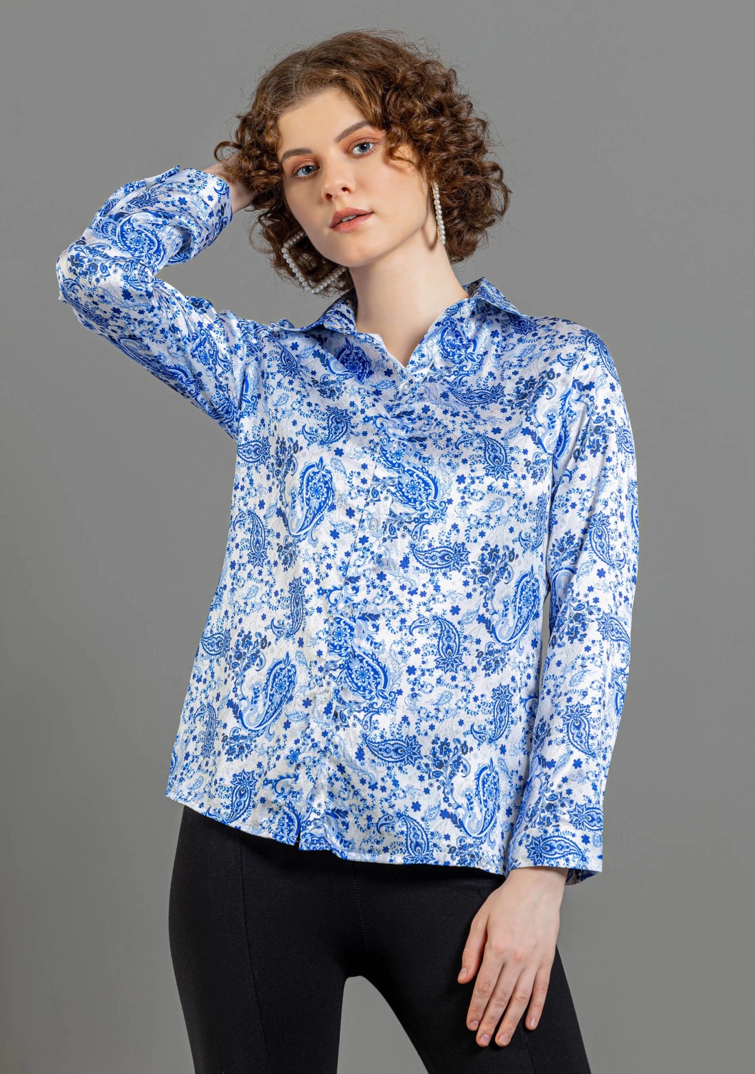 White and Blue Paisley Print Satin Shirt