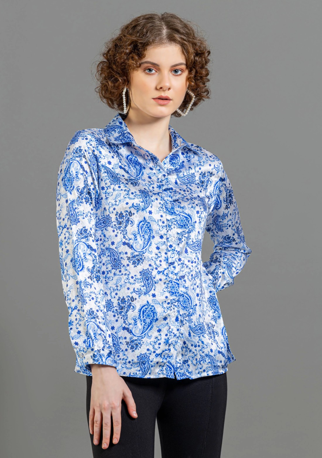 White and Blue Paisley Print Satin Shirt