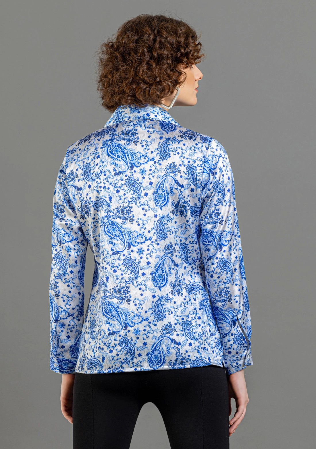 White and Blue Paisley Print Satin Shirt