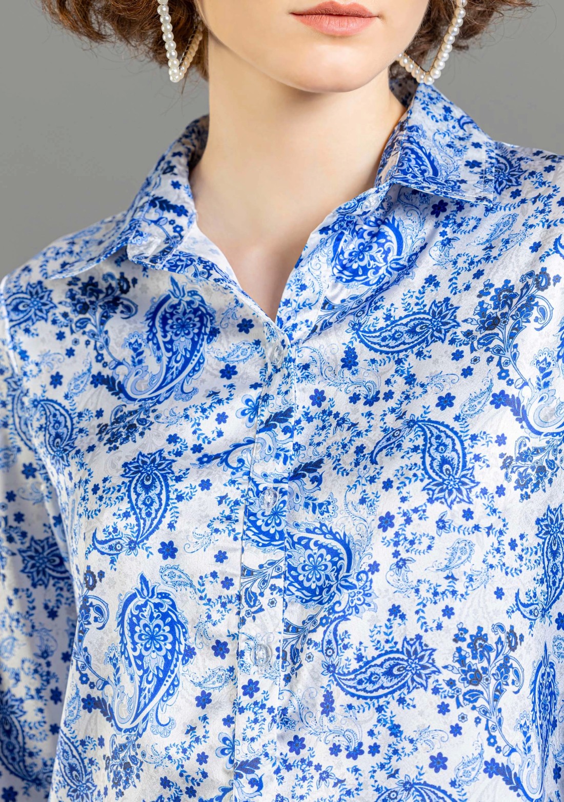 White and Blue Paisley Print Satin Shirt