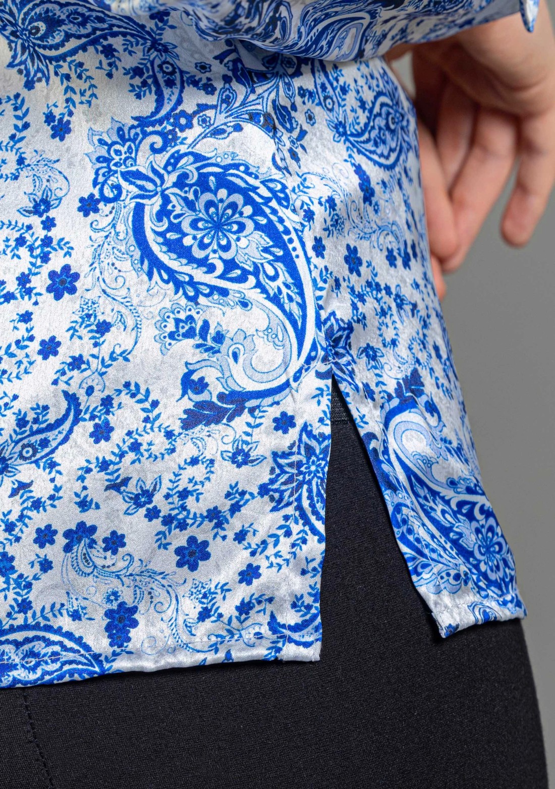 White and Blue Paisley Print Satin Shirt