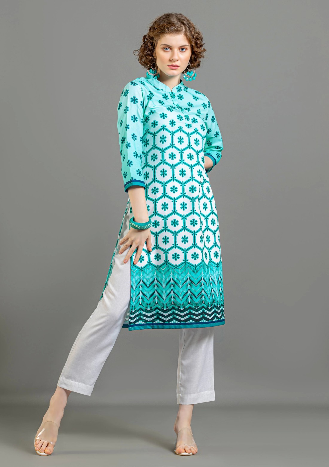 Turquoise Tie and Dye Print Rayon Straight Kurta