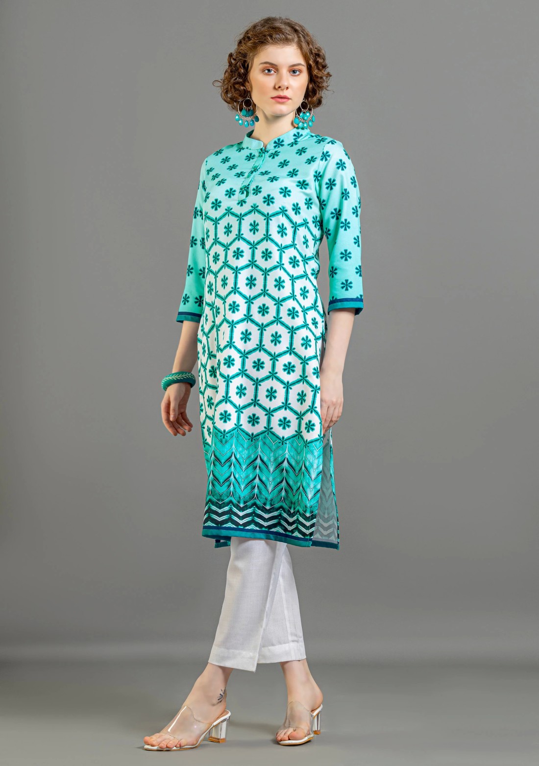 Turquoise Tie and Dye Print Rayon Straight Kurta