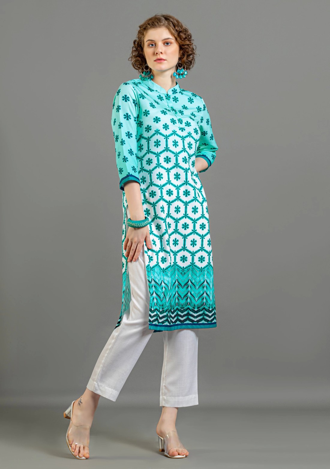 Turquoise Tie and Dye Print Rayon Straight Kurta