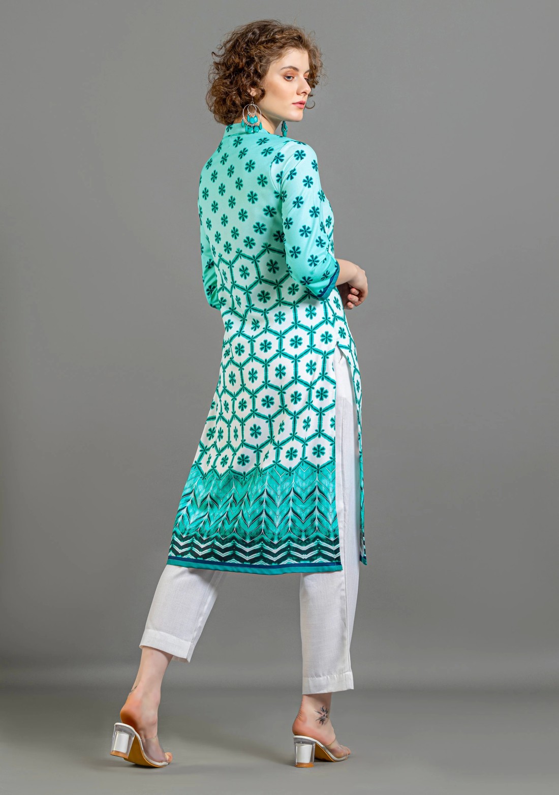 Turquoise Tie and Dye Print Rayon Straight Kurta