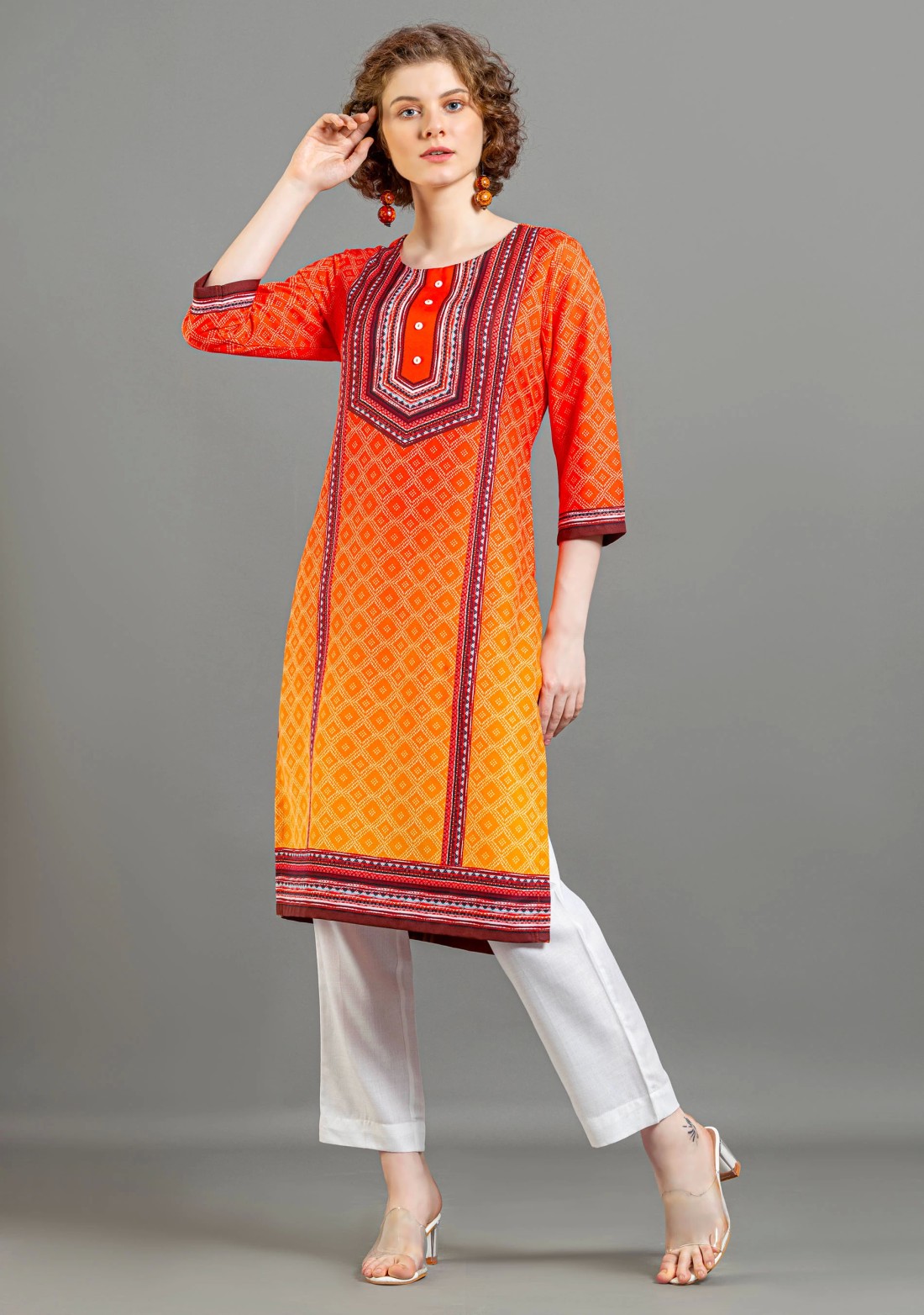 Multi Colour Ethnic Print Rayon Straight Kurta