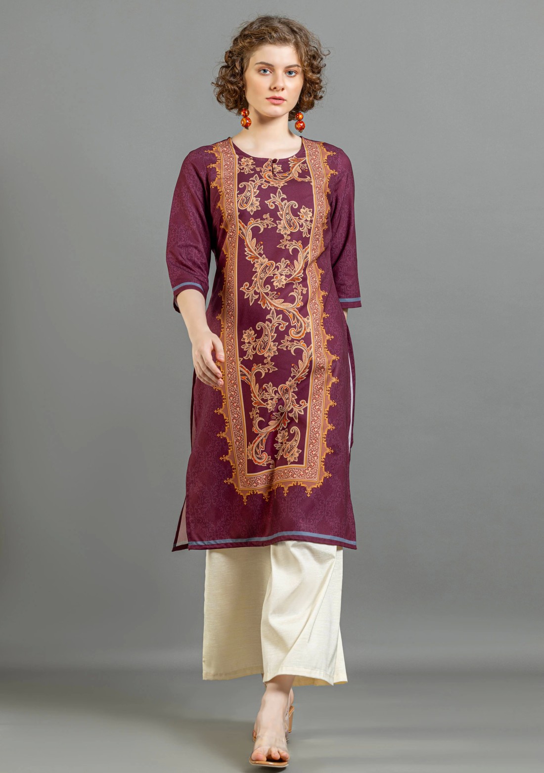 Wine Paisley Print Rayon Straight Kurta