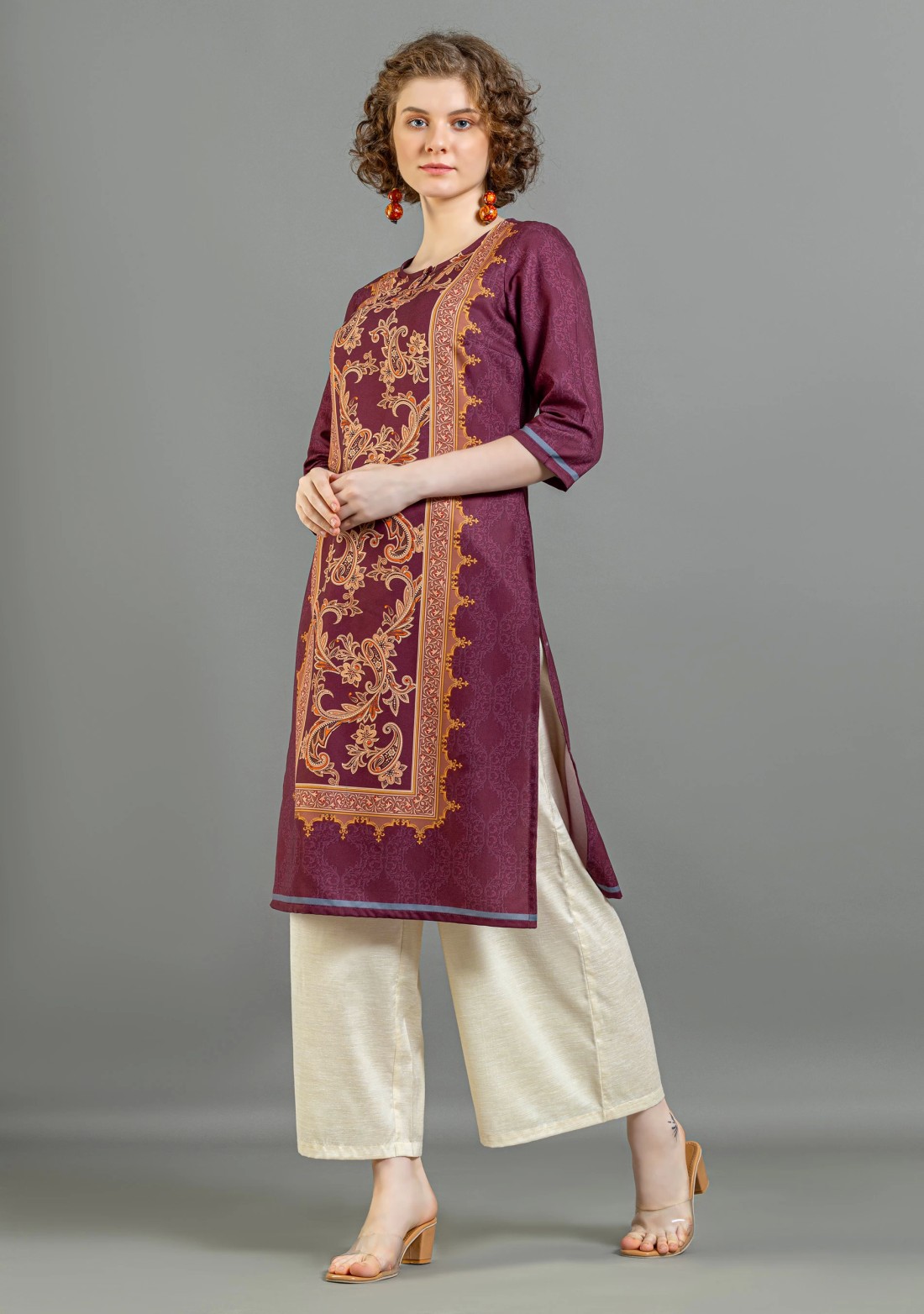 Wine Paisley Print Rayon Straight Kurta