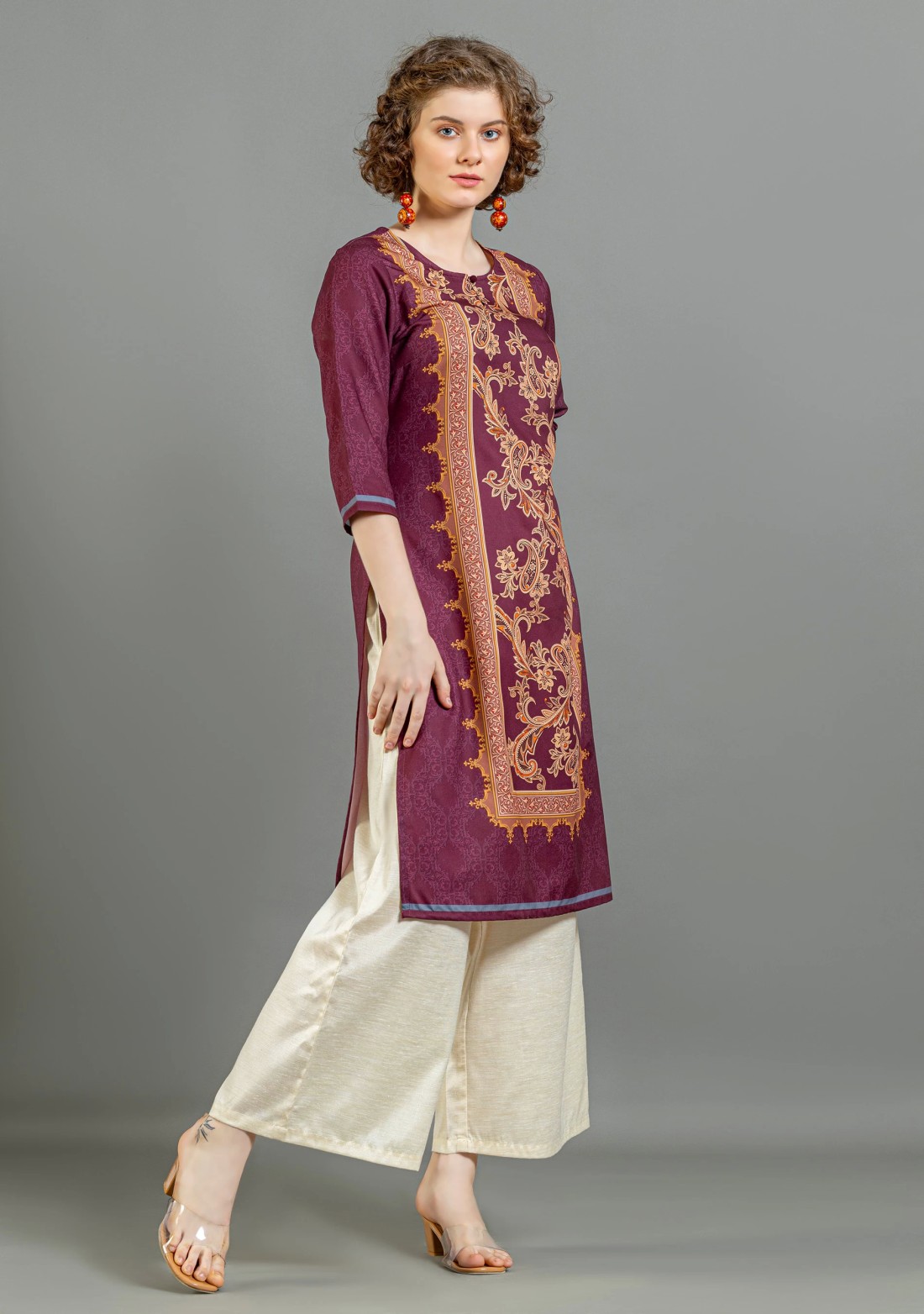 Wine Paisley Print Rayon Straight Kurta