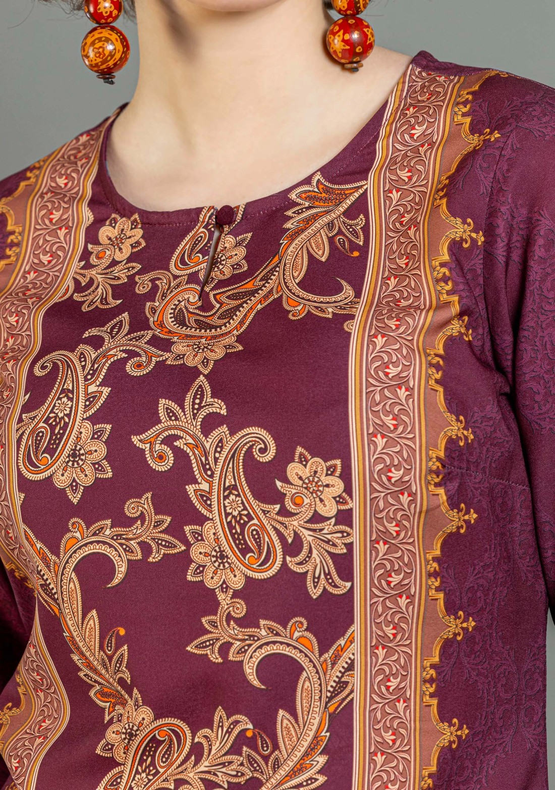 Wine Paisley Print Rayon Straight Kurta