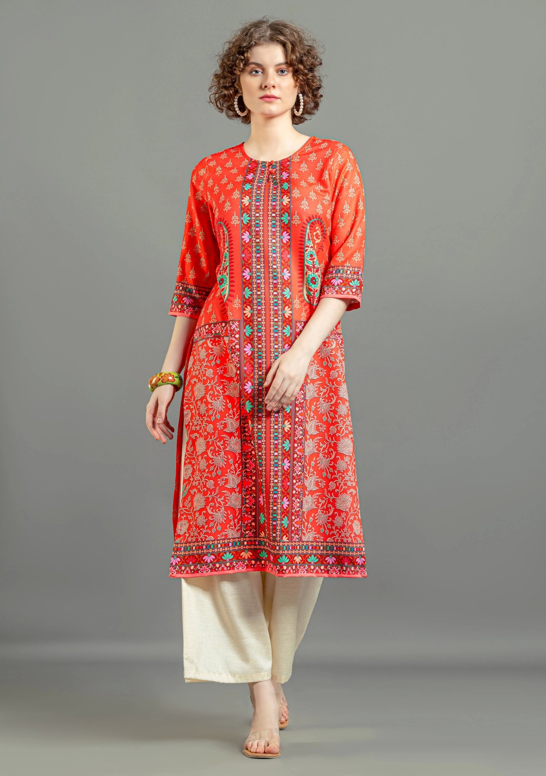 Red Ethnic Print Rayon Straight Kurta