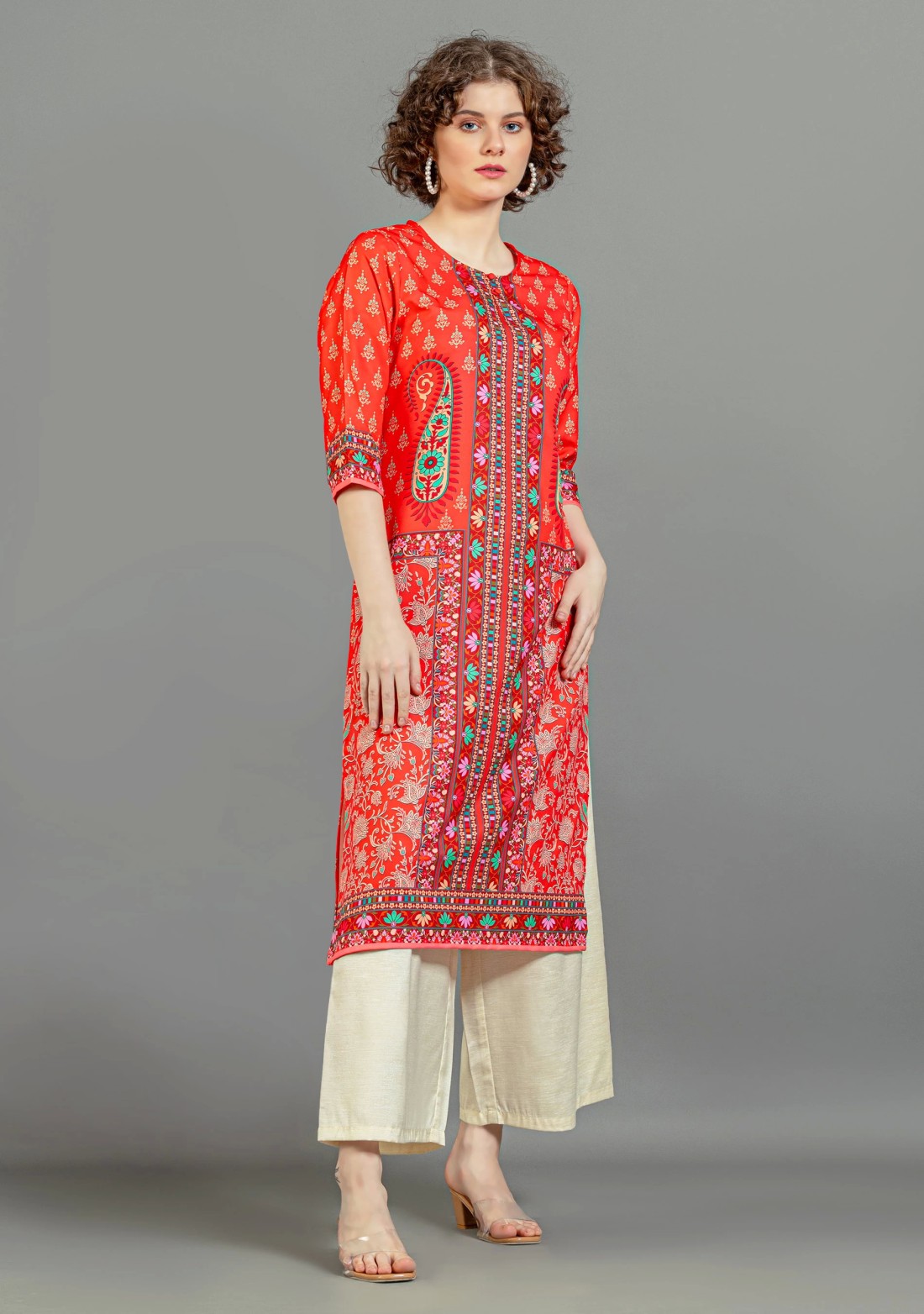 Red Ethnic Print Rayon Straight Kurta