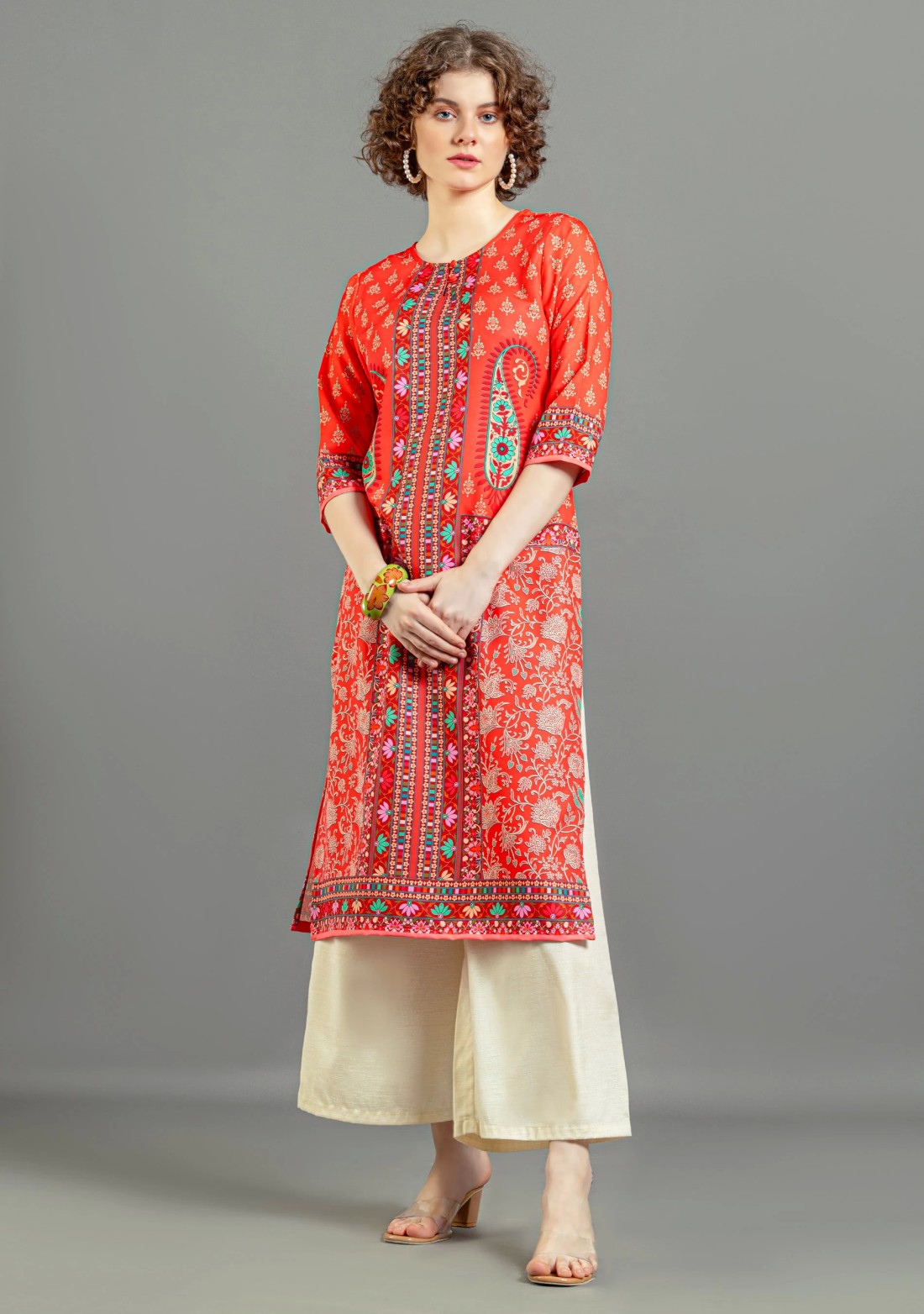 Red Ethnic Print Rayon Straight Kurta