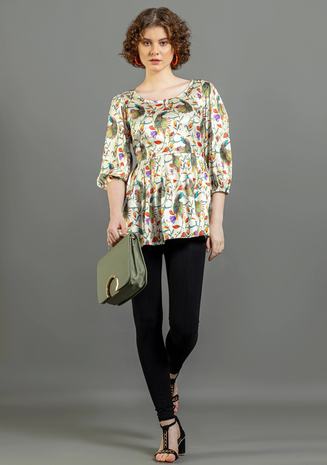 Peacock Print Satin Relaxed Fit Top