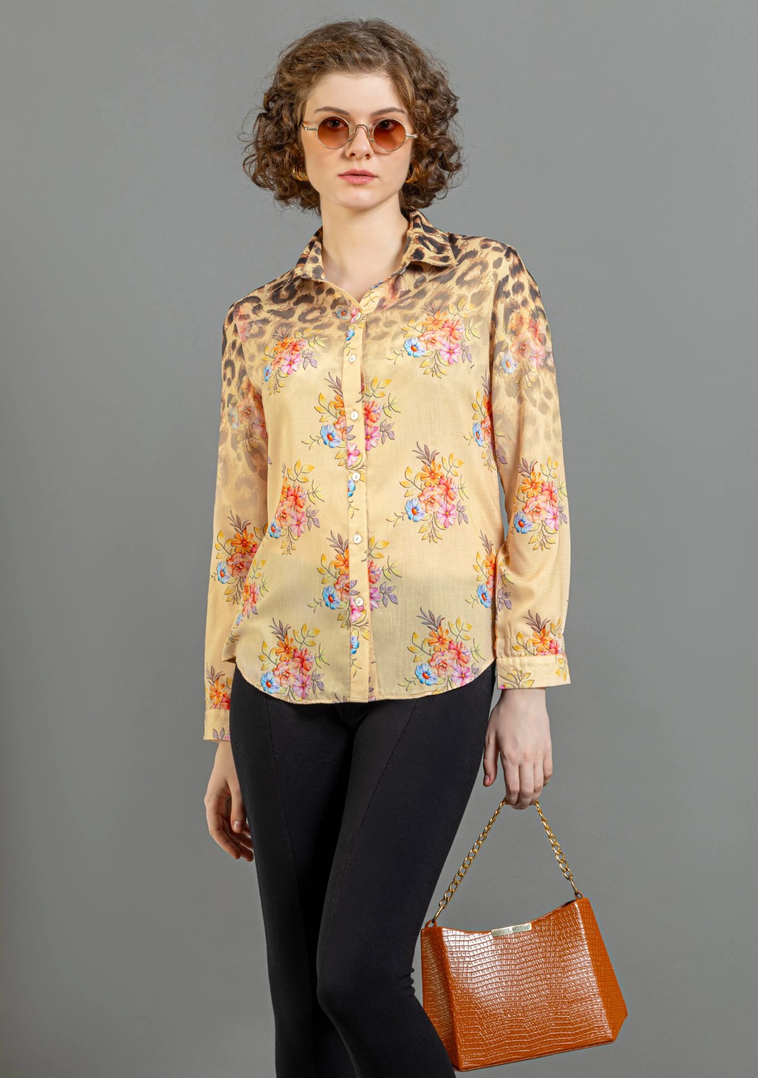 Beige Fusion Print Muslin Shirt