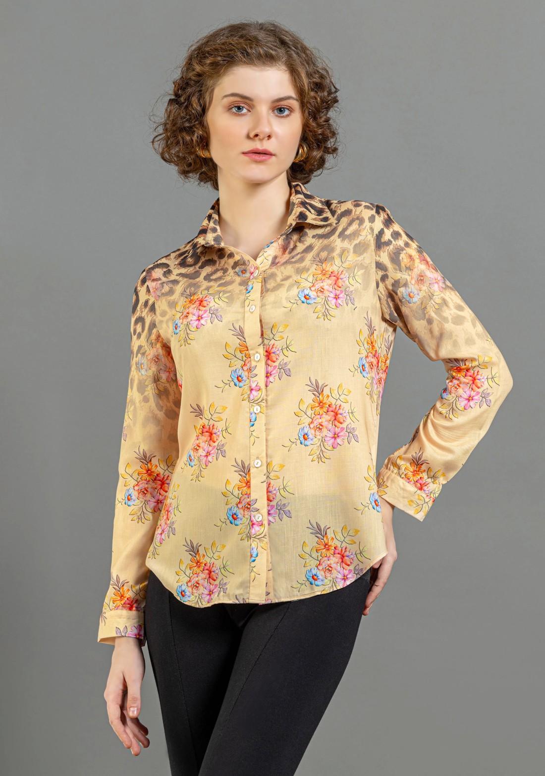 Beige Fusion Print Muslin Shirt