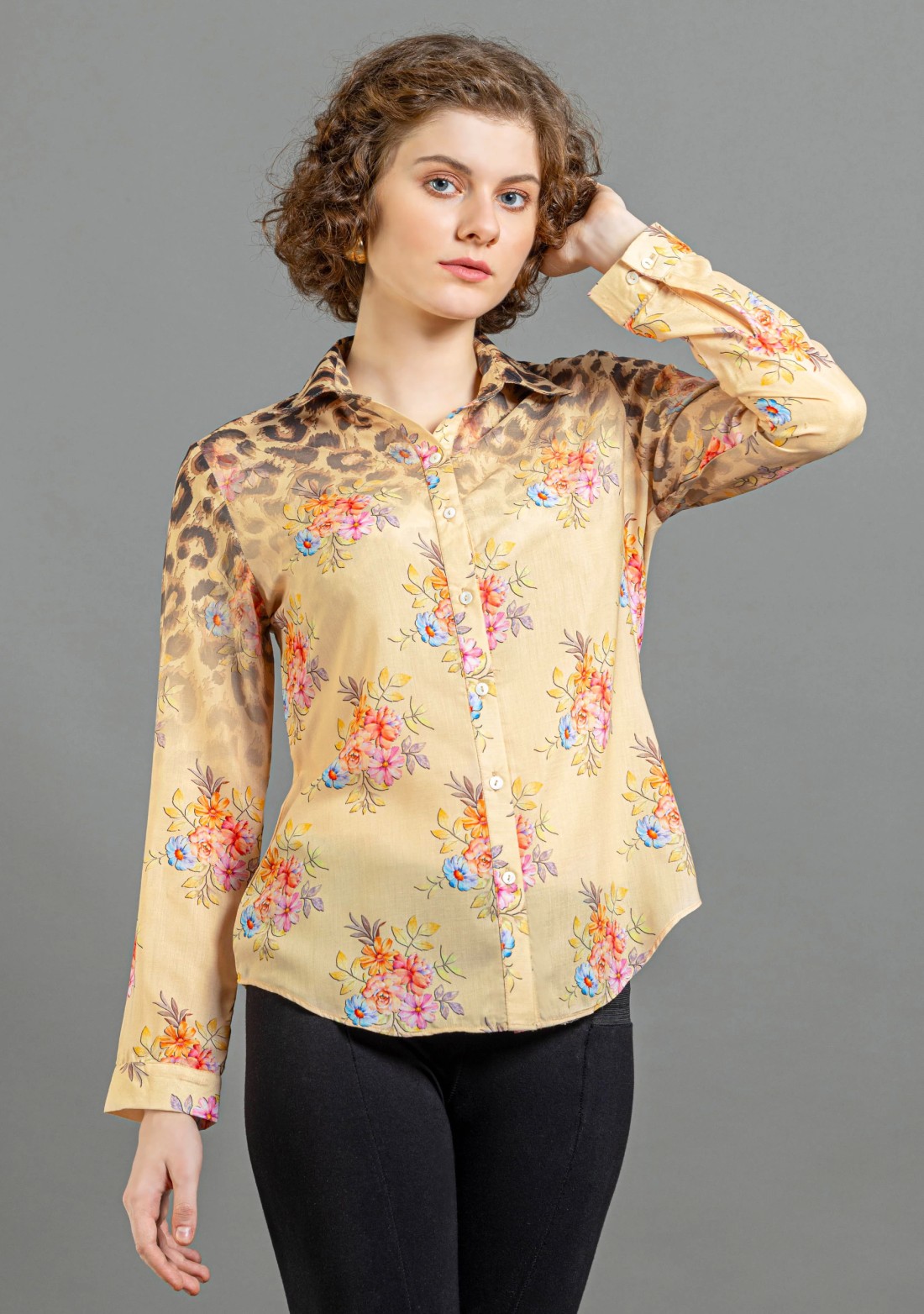 Beige Fusion Print Muslin Shirt