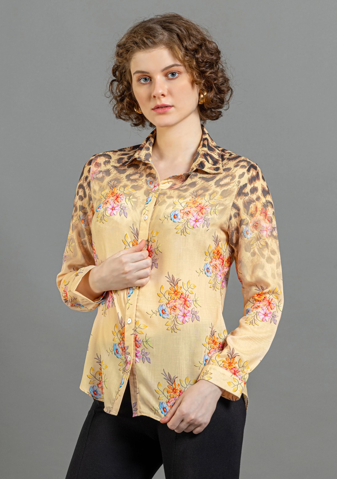 Beige Fusion Print Muslin Shirt