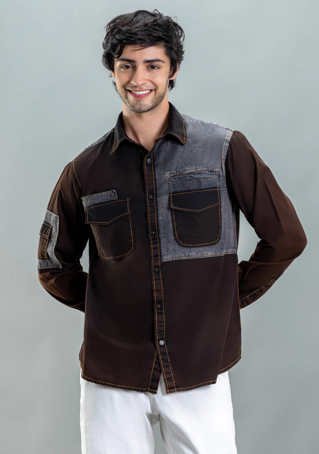 Dark Brown Regular Fit Men's Cotton Shirt