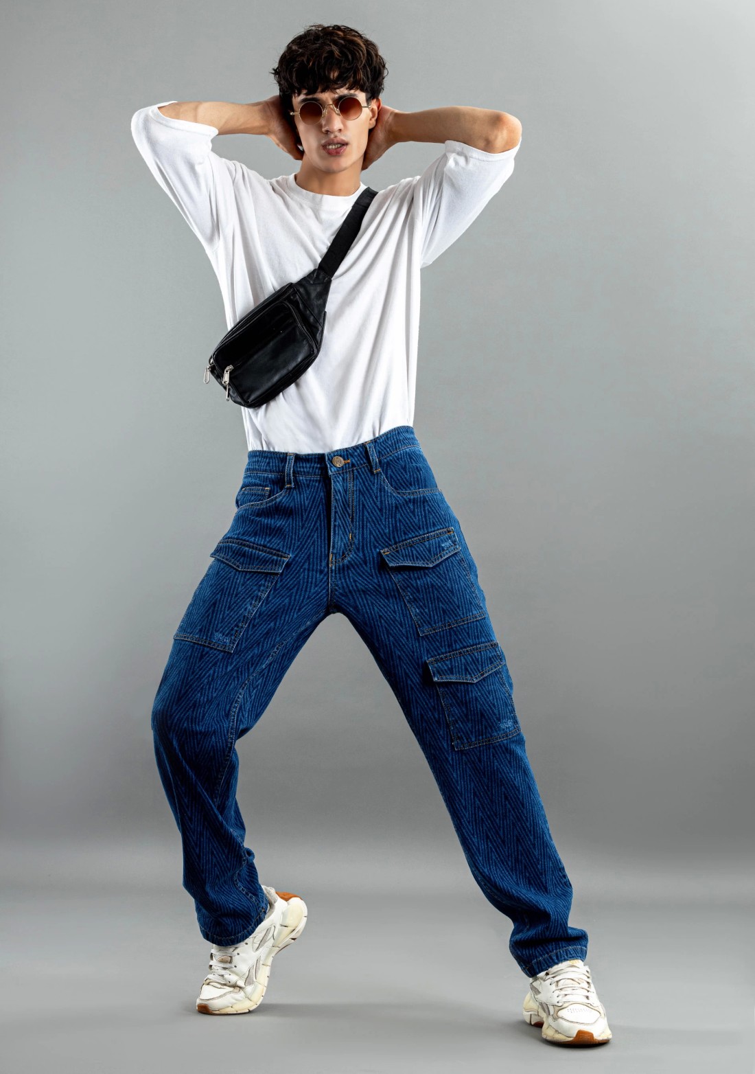 Blue Geometrical Laser Print Multi-Pocket Straight Fit Men's Jeans