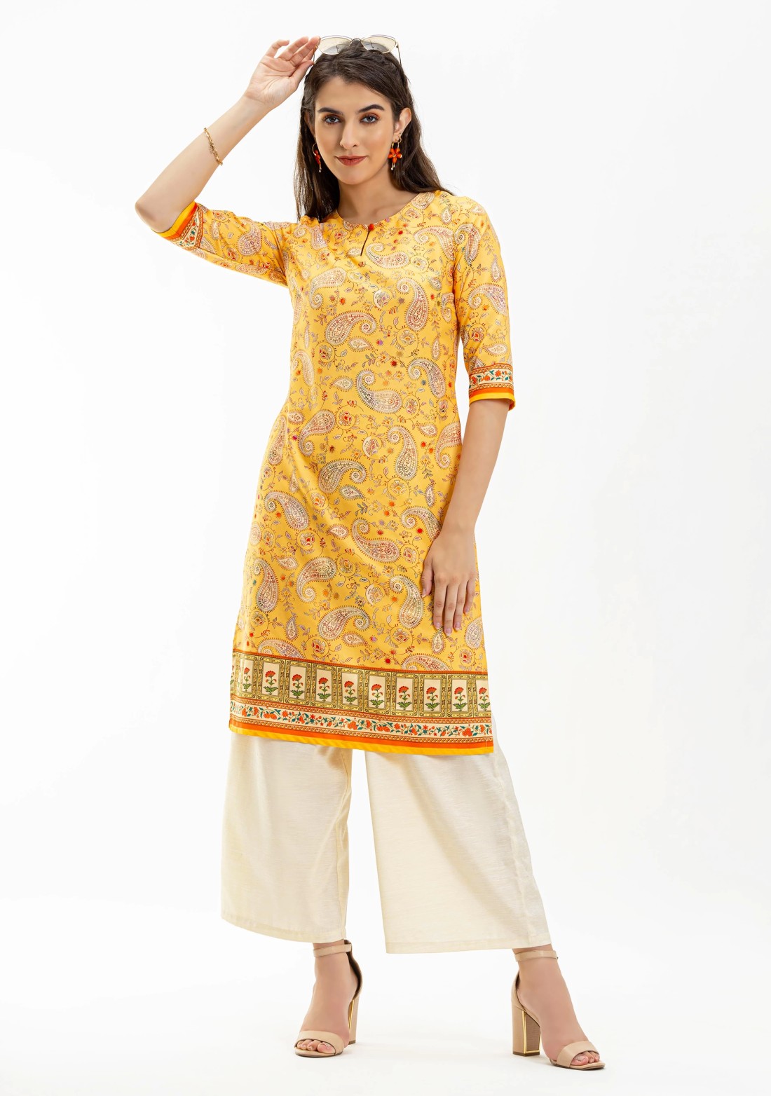 Yellow Ethnic Print Straight Kurta