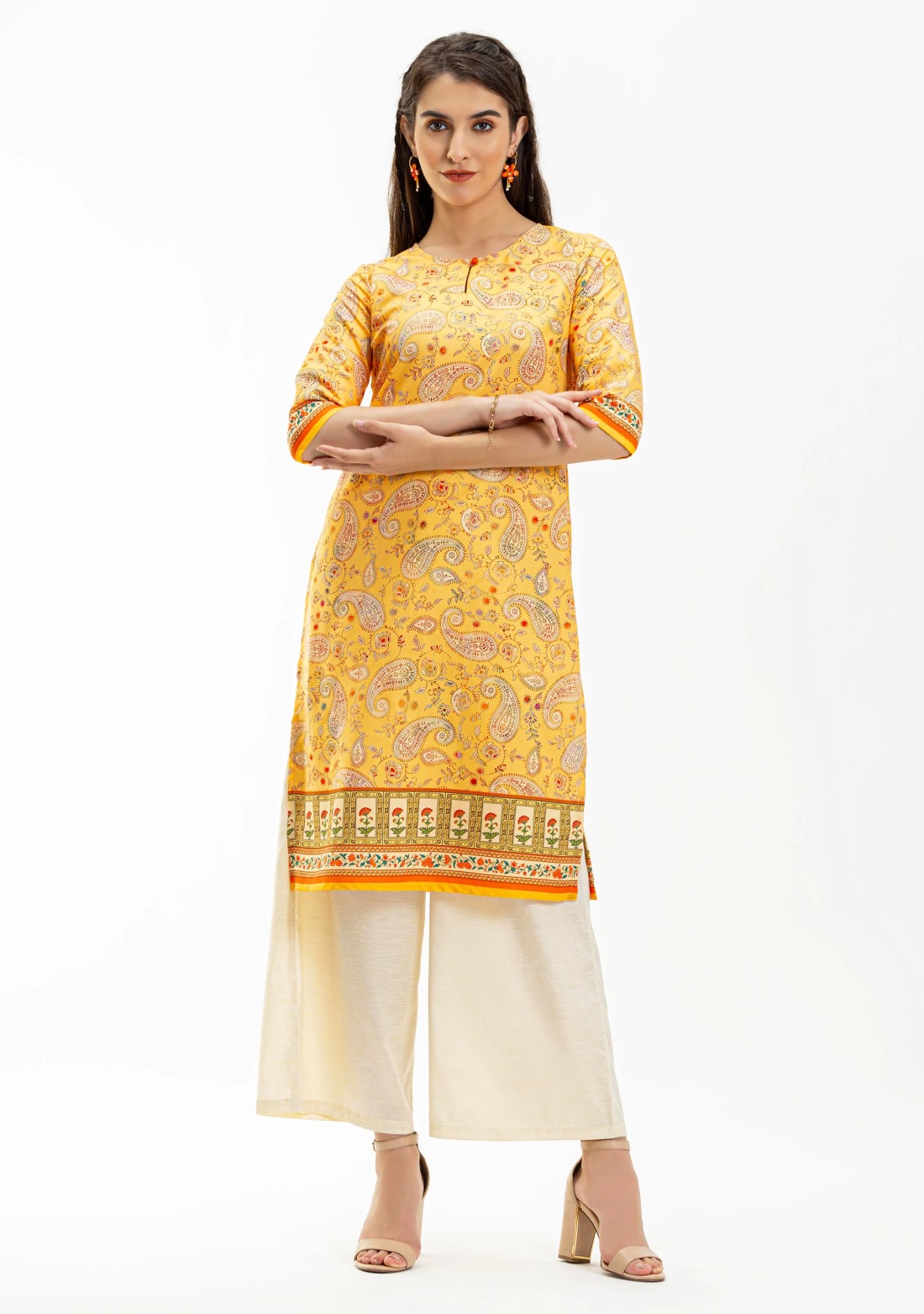 Yellow Ethnic Print Straight Kurta