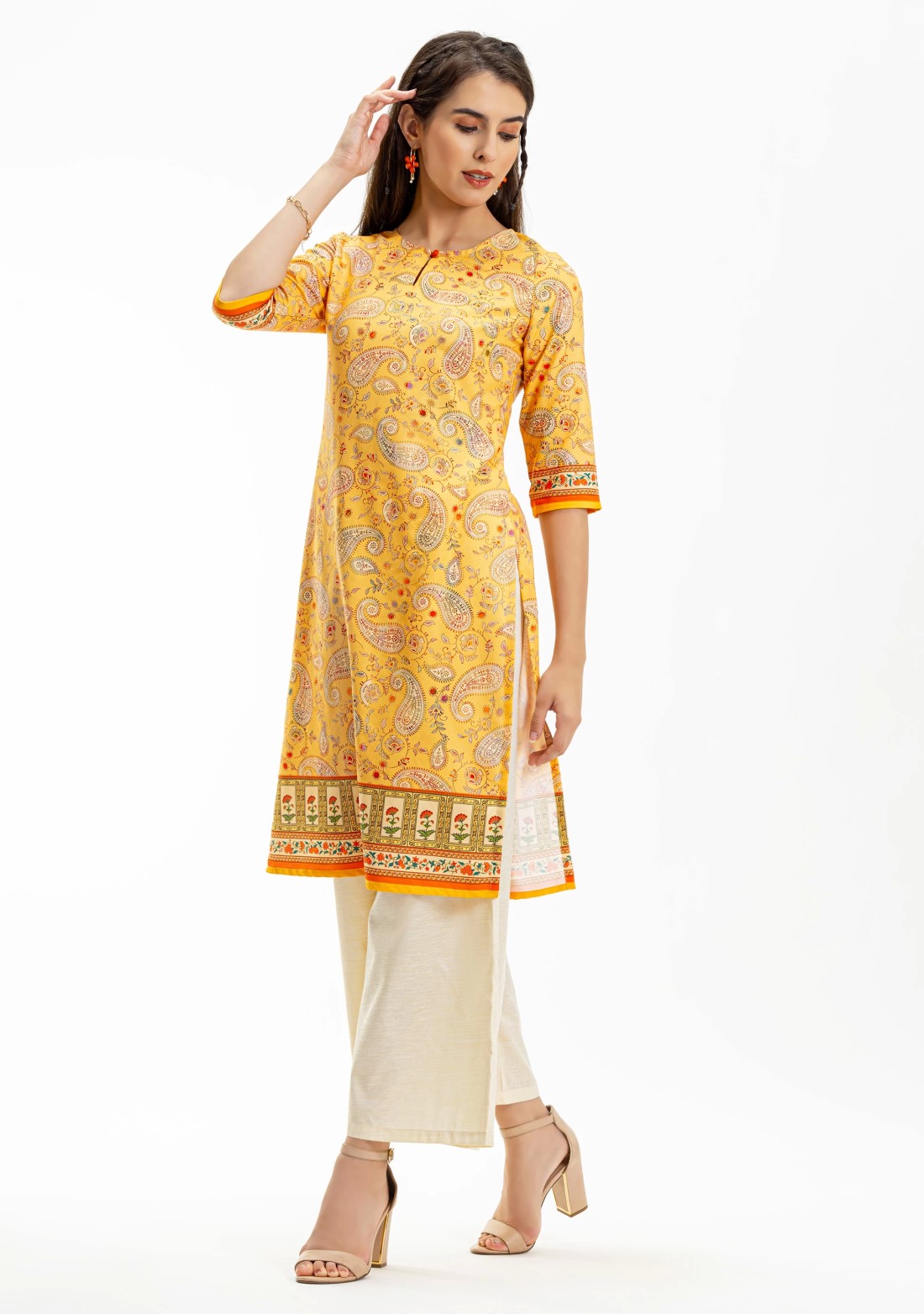 Yellow Ethnic Print Straight Kurta