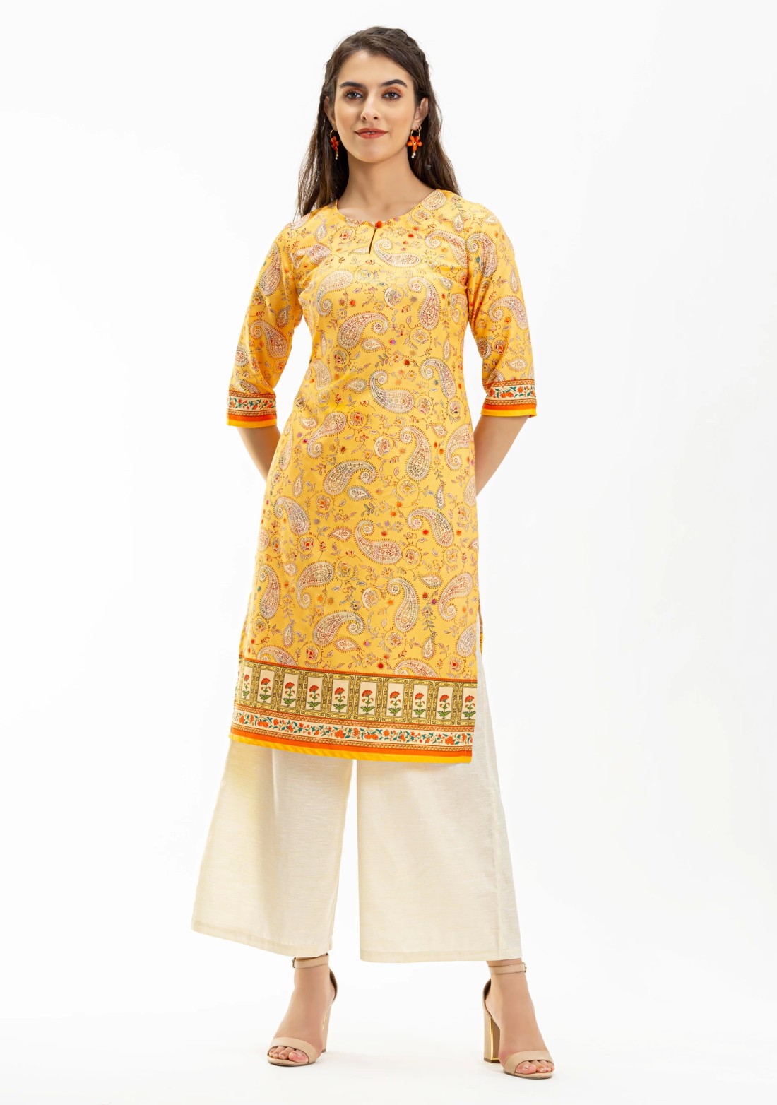 Yellow Ethnic Print Straight Kurta