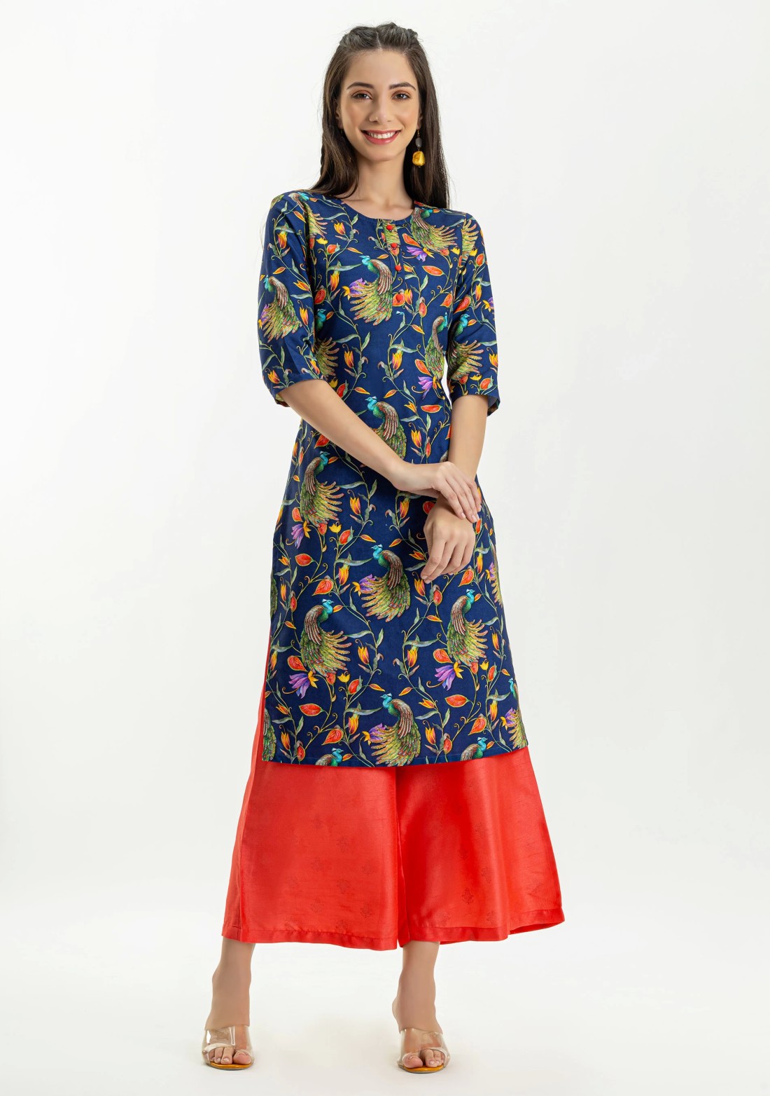 Blue Peacock Print Straight Kurta