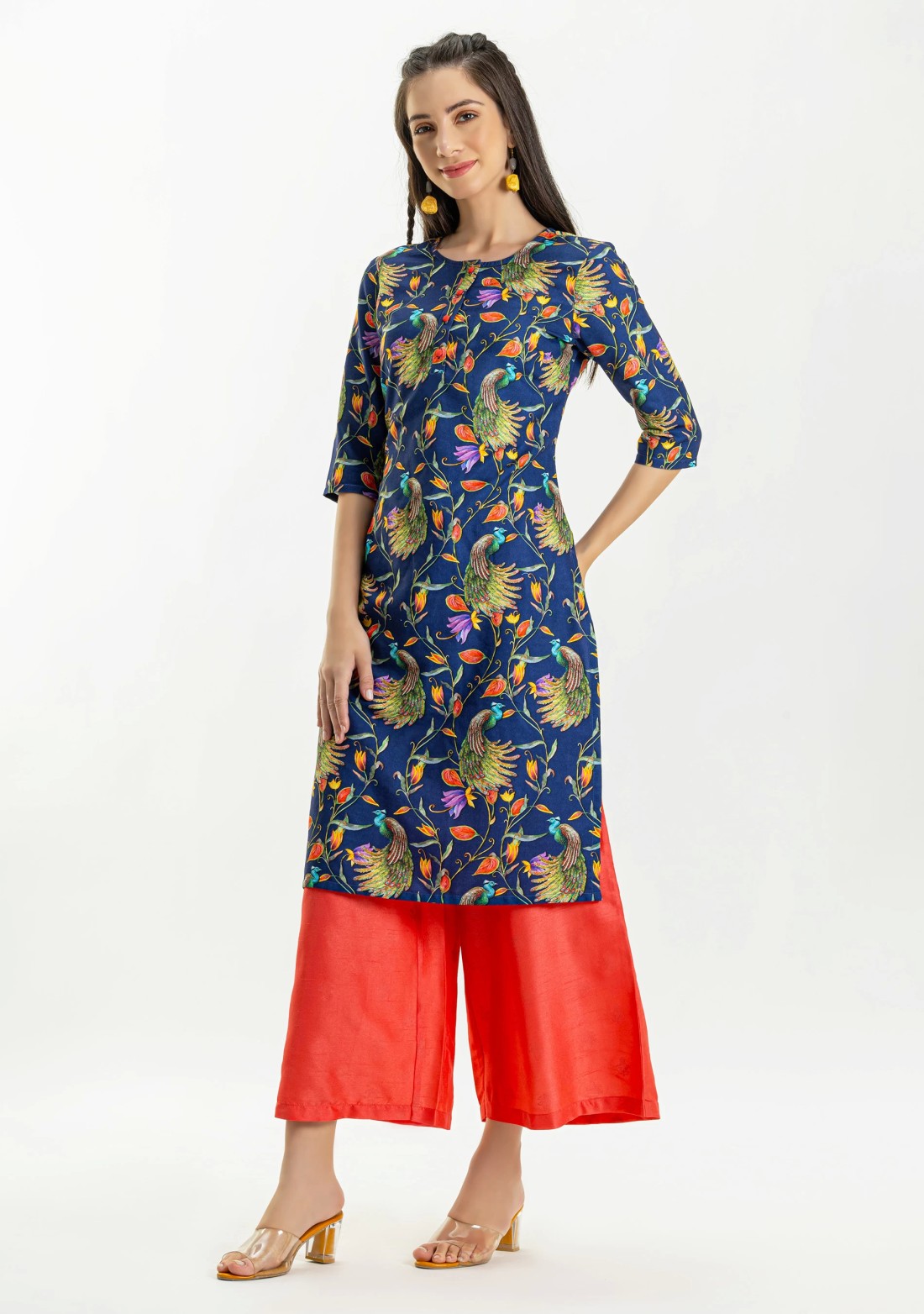 Blue Peacock Print Straight Kurta