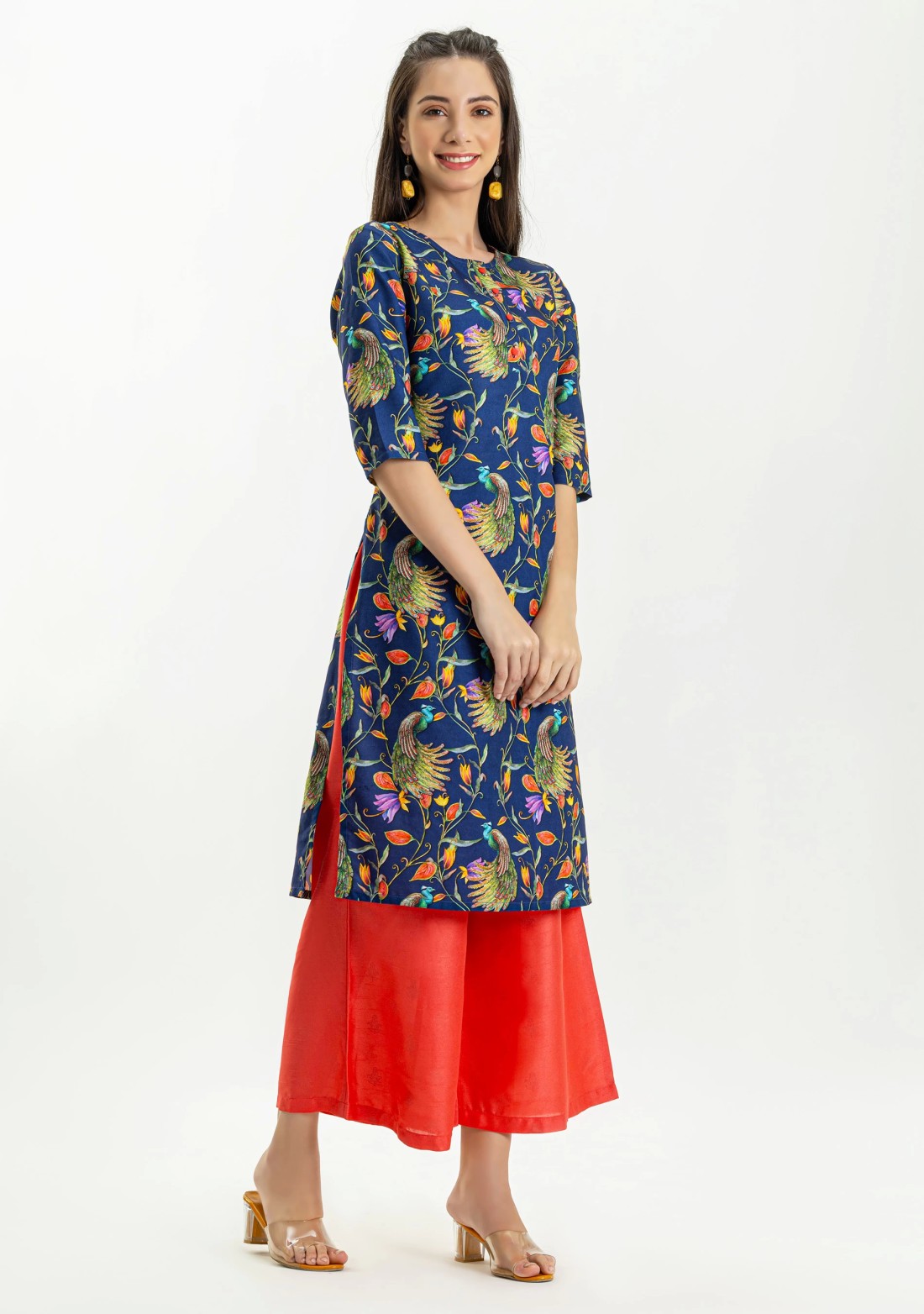 Blue Peacock Print Straight Kurta