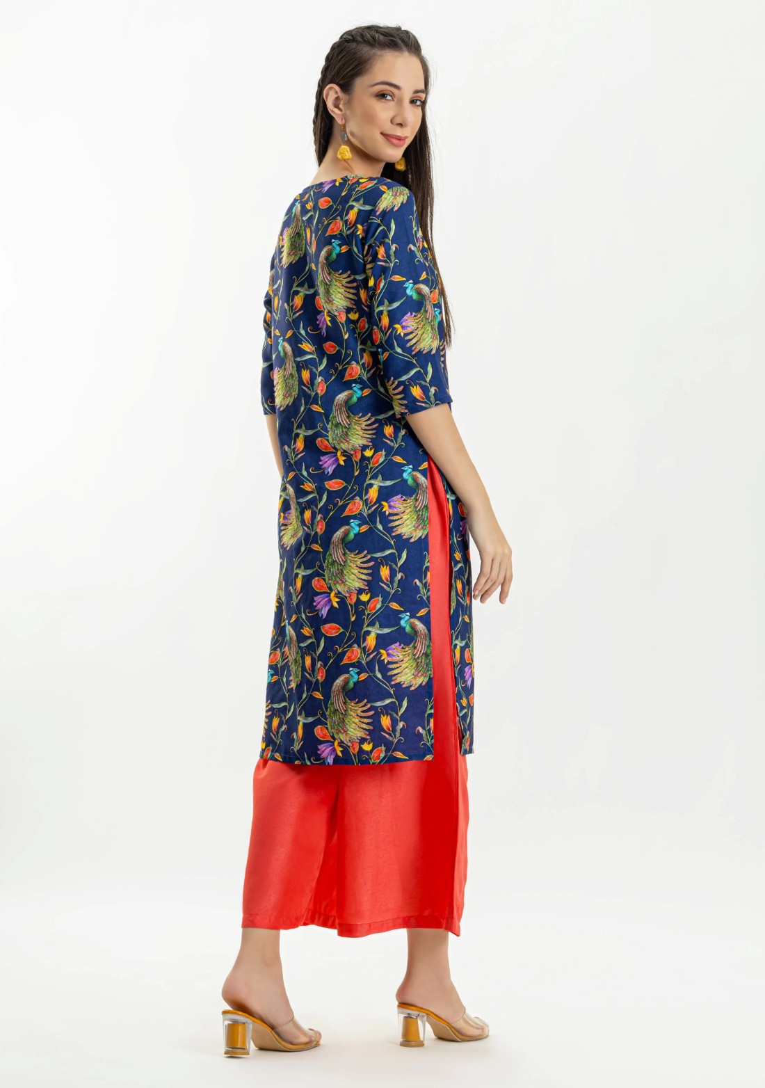 Blue Peacock Print Straight Kurta