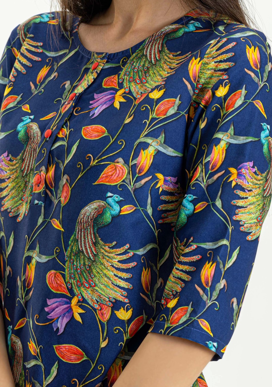 Blue Peacock Print Straight Kurta