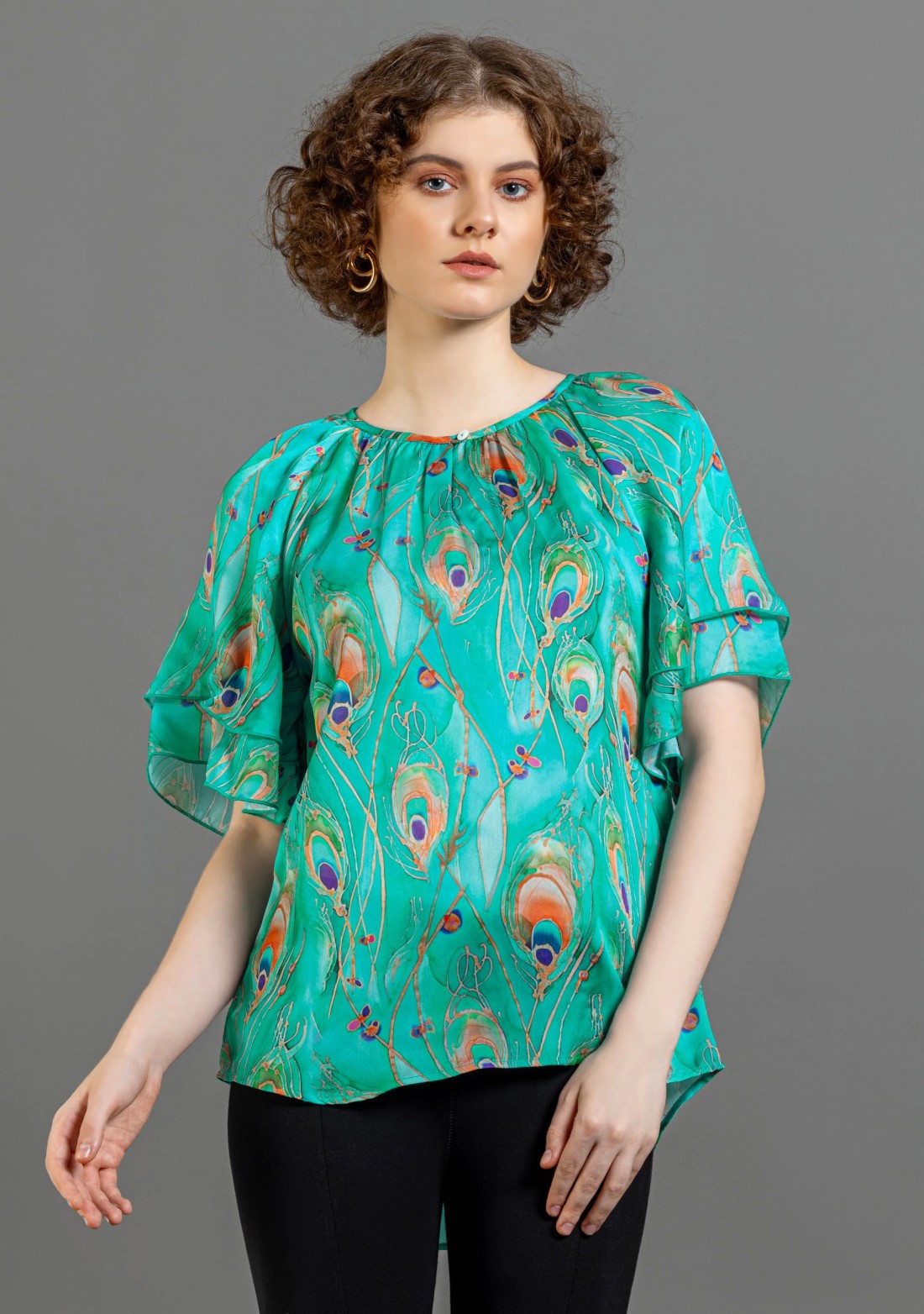 Turquoise Peacock Print Satin A-Line Top