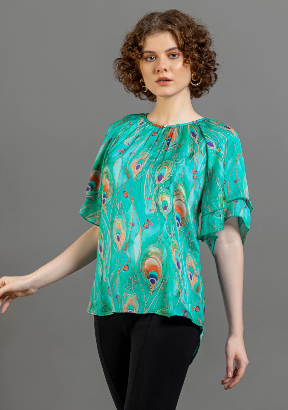 Turquoise Peacock Print Satin A-Line Top