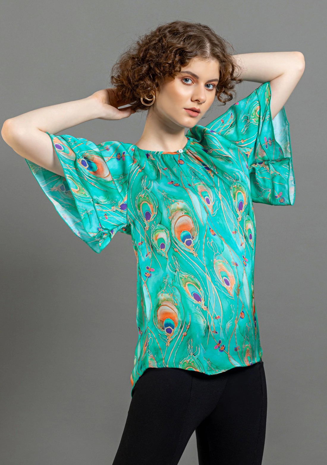 Turquoise Peacock Print Satin A-Line Top