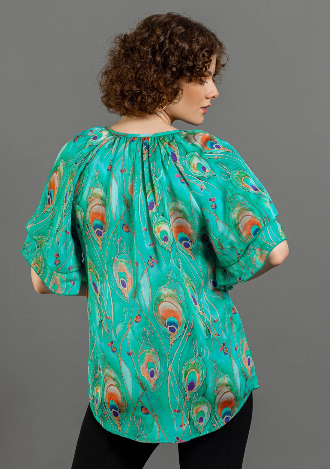 Turquoise Peacock Print Satin A-Line Top