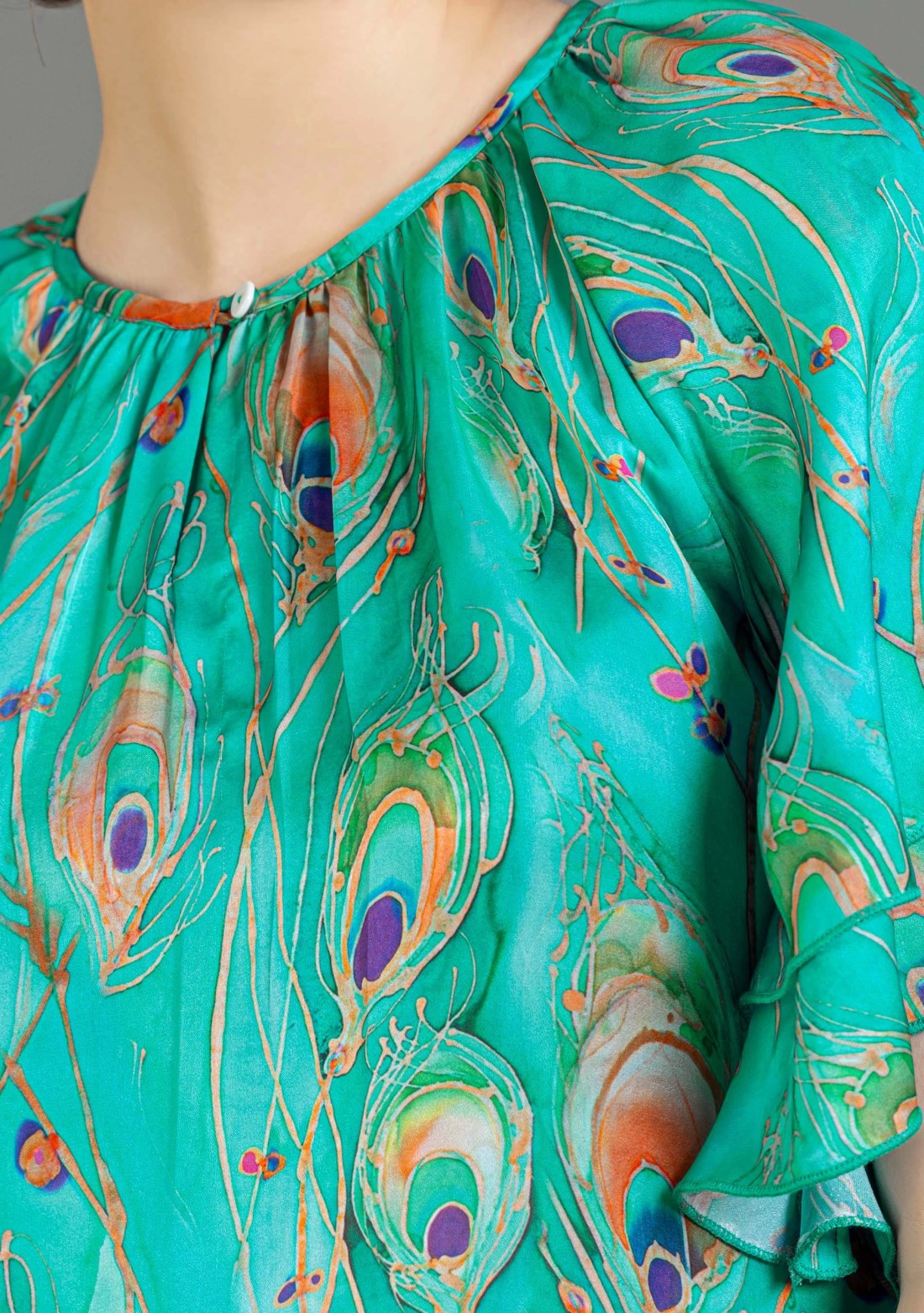 Turquoise Peacock Print Satin A-Line Top