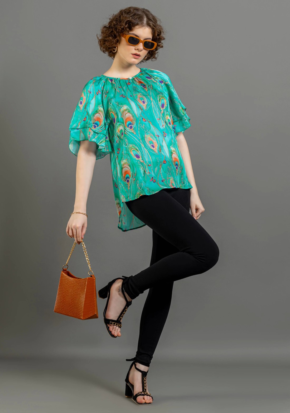 Turquoise Peacock Print Satin A-Line Top