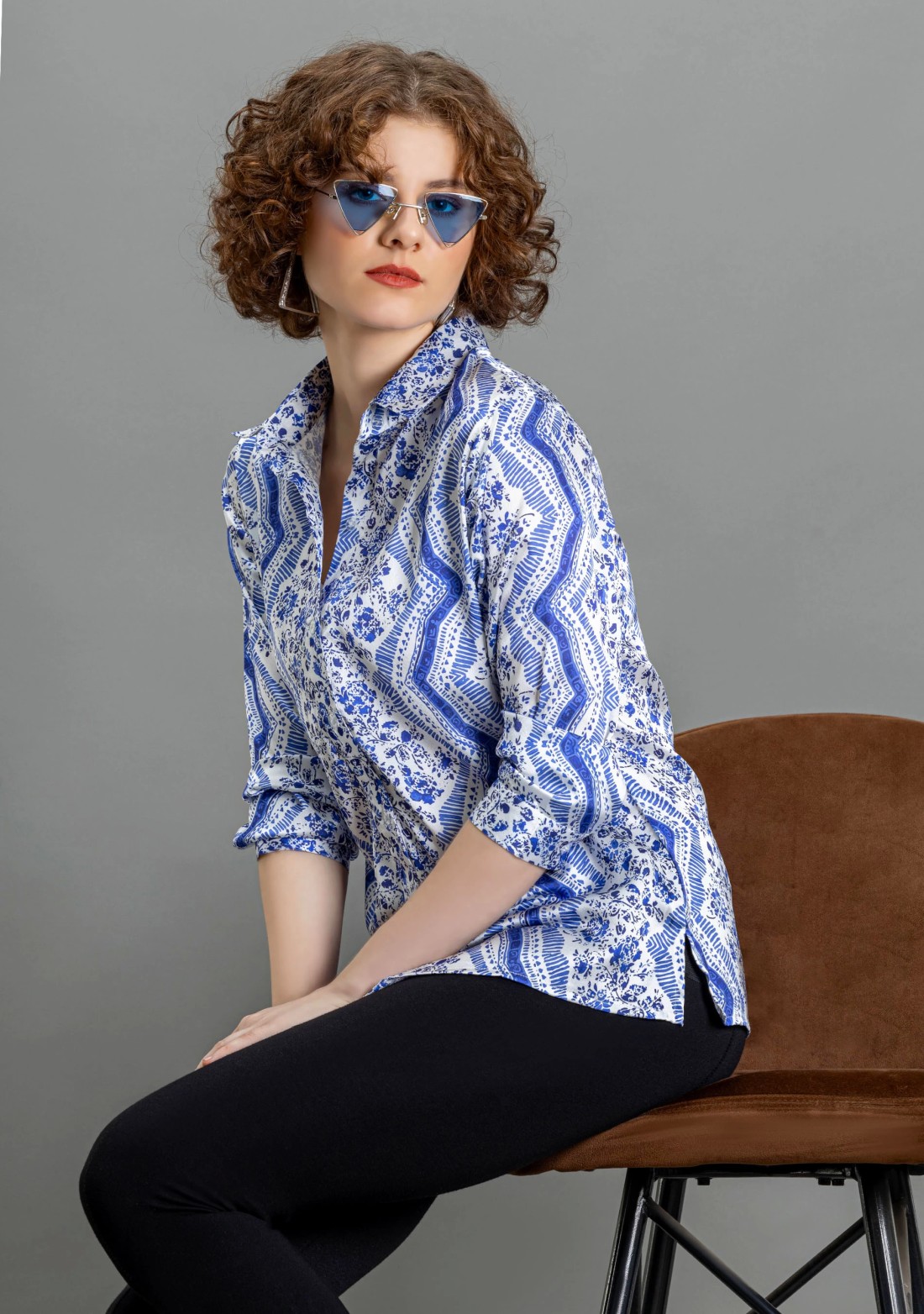 White and Blue Printed Satin Shirt