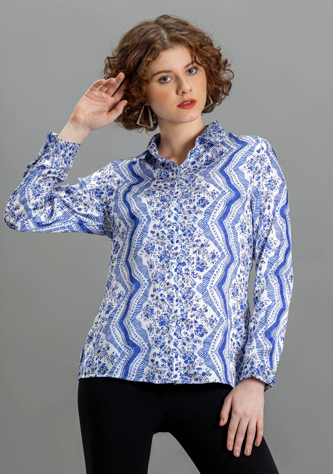 White and Blue Printed Satin Shirt