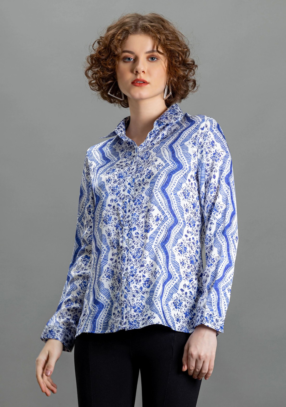 White and Blue Printed Satin Shirt