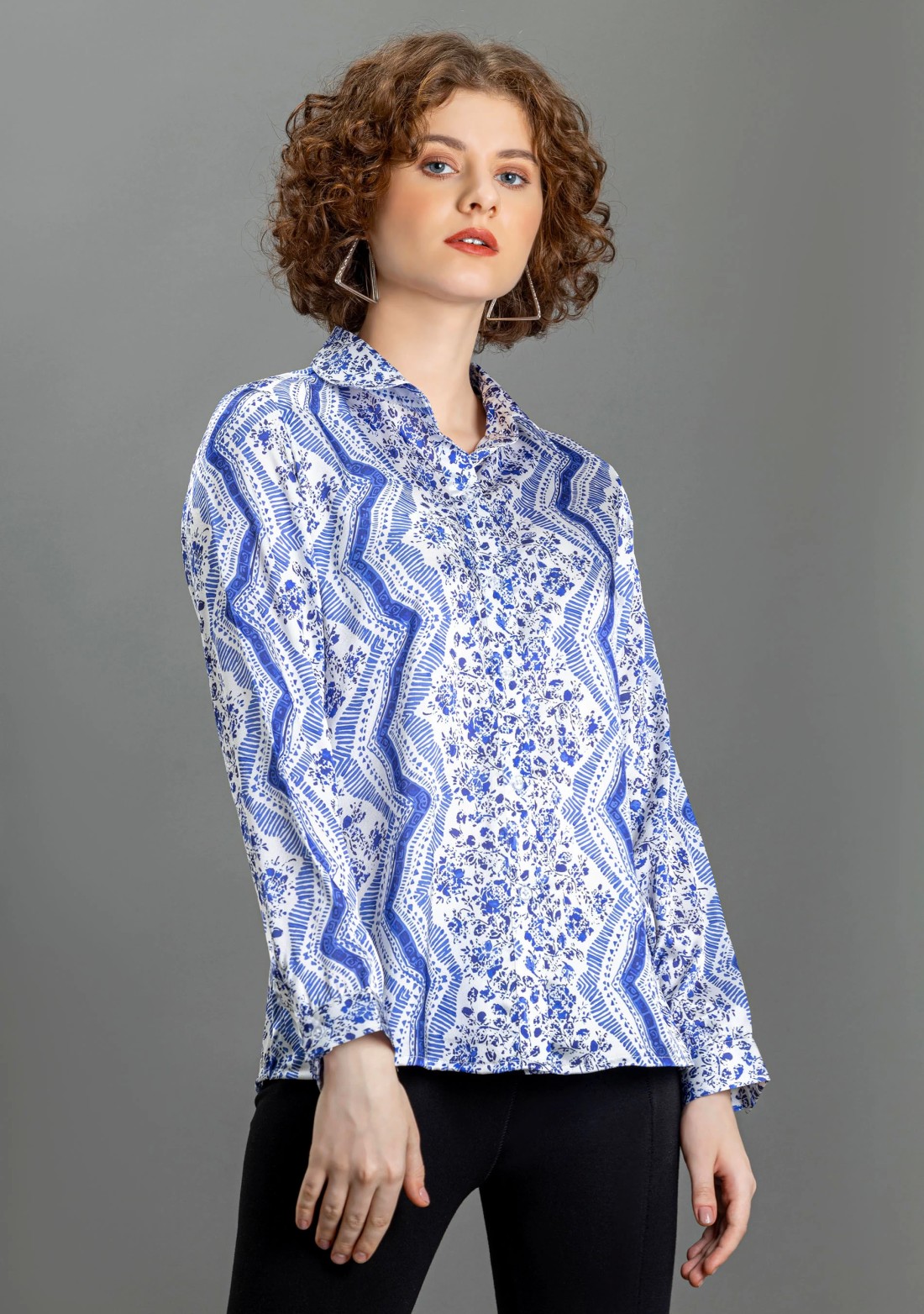 White and Blue Printed Satin Shirt